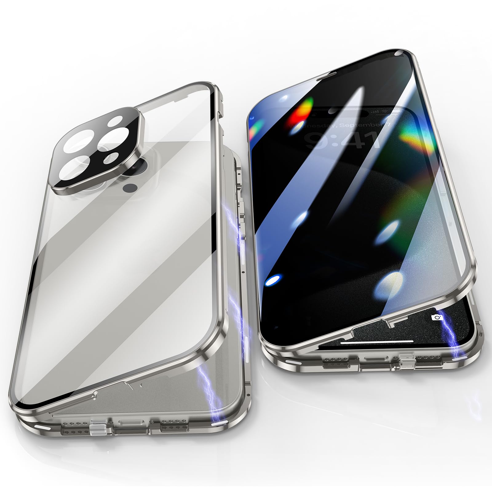 Coque Anti Peeping iPhone 14 Pro, verre trempé haut de gamme et métal argent