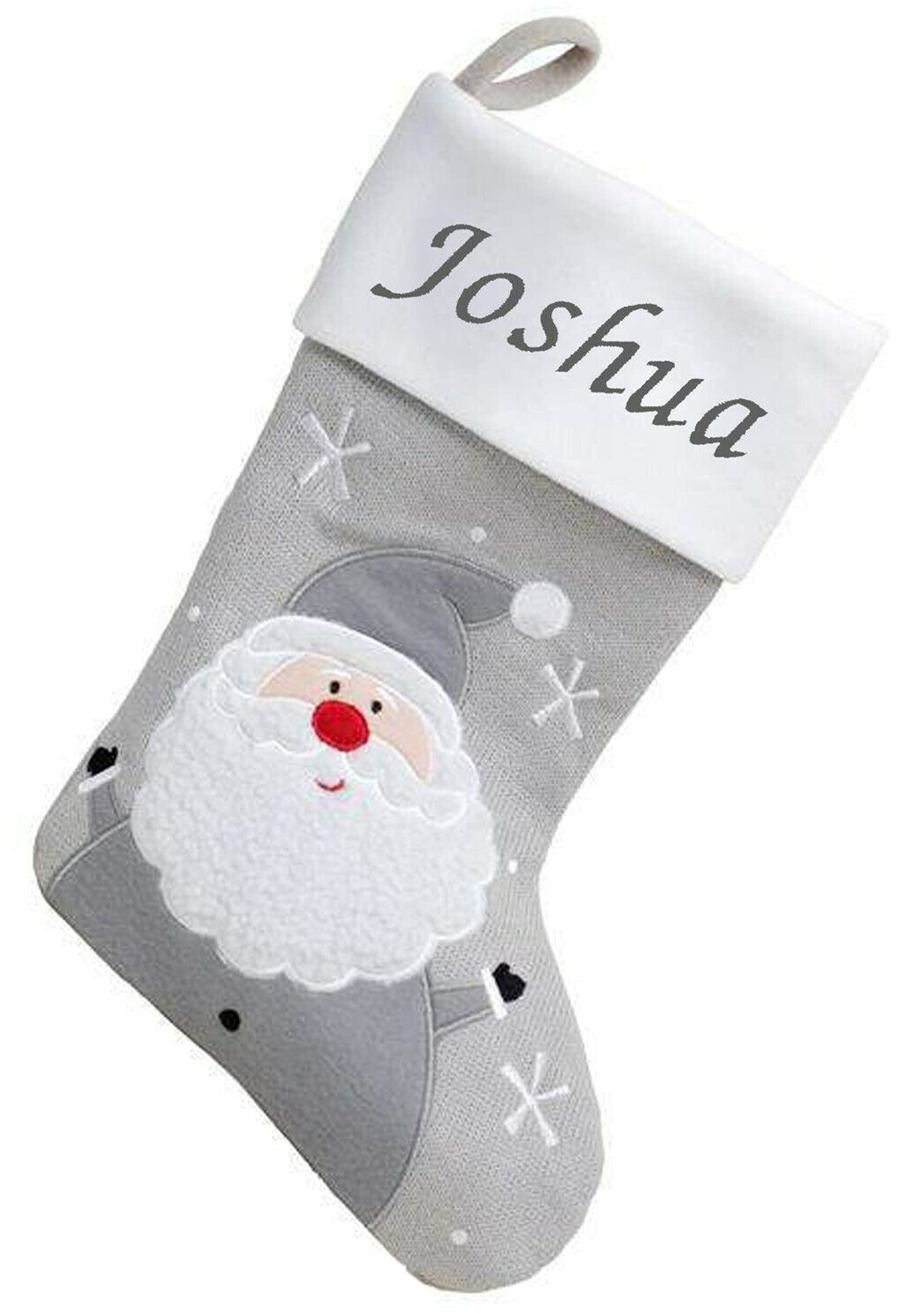 Kids Essentials Personalised Boys Girls Christmas Stocking Xmas Embroidered Novelty Stocking (Grey - Knitted Santa), 40cm x 25cm.