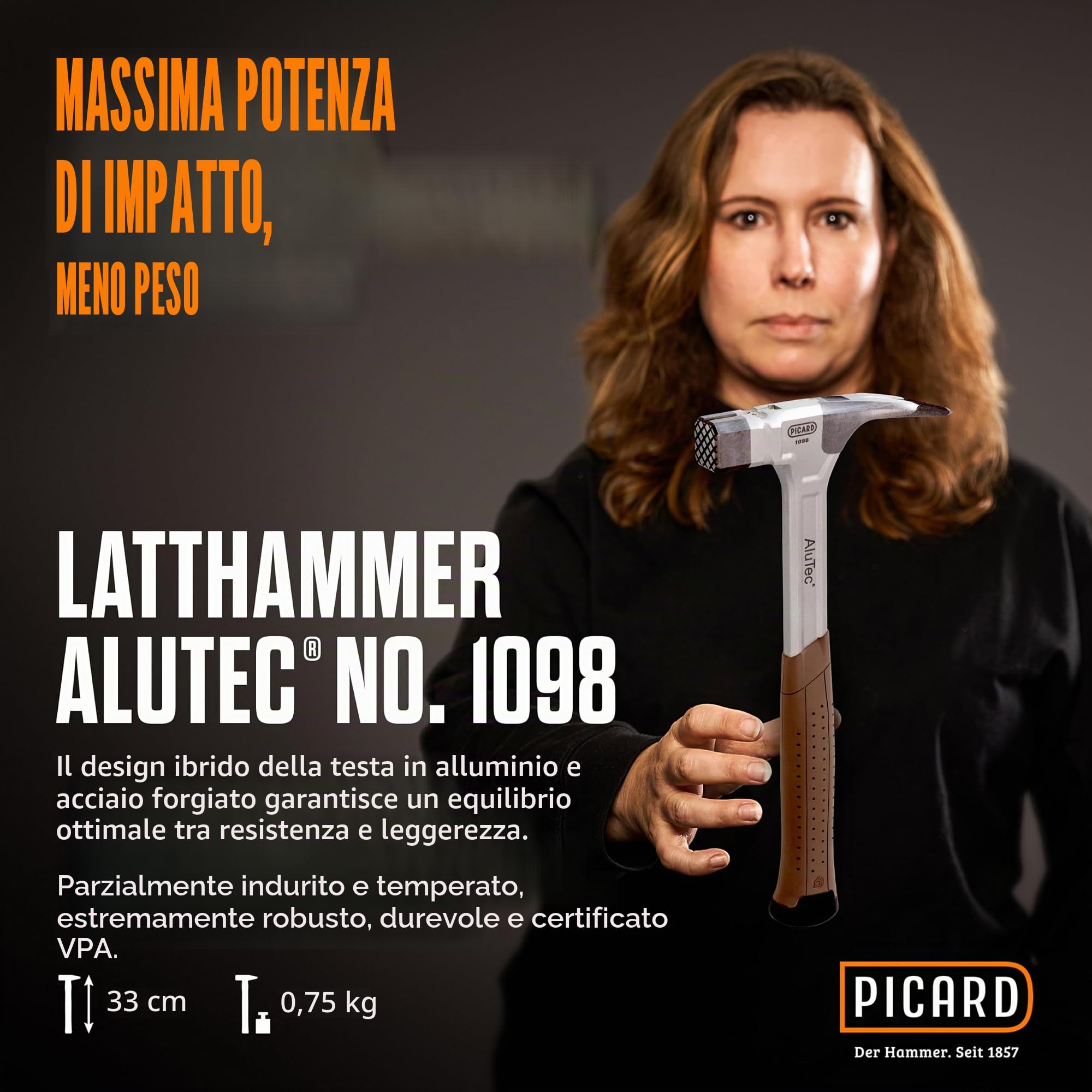 PICARD Martello da carpentiere AluTec® n. 1098 zigrinato | Martello carpentiere ibrido in alluminio e acciaio | Hammer professionale con magnete per chiodi e impugnatura ergonomica