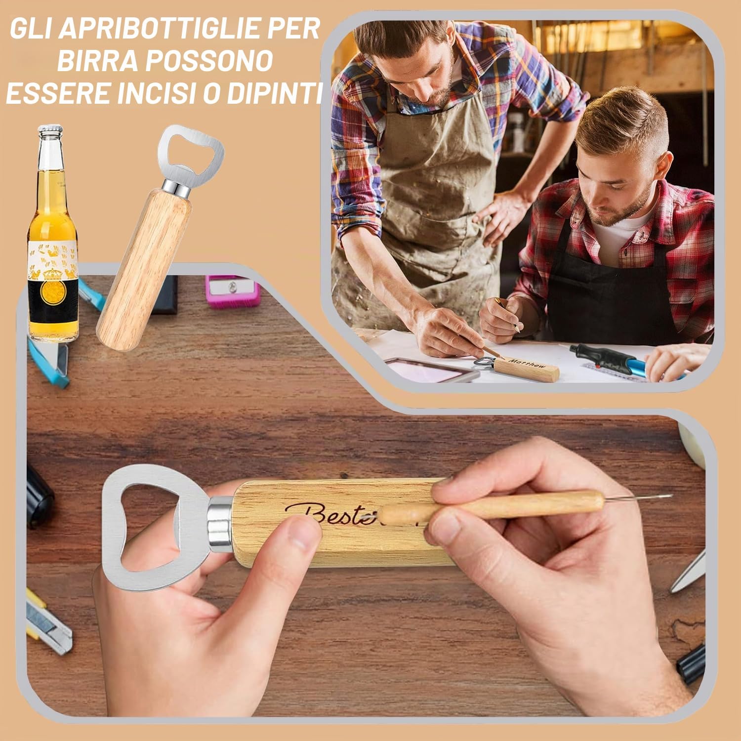 60 Pezzi Apribottiglie in Legno, Manico in Legno, Grande Regalo per Gli Uomini, per Casa, Cucina, Bar