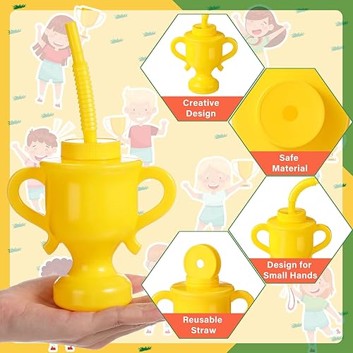 Miniatura 4 de Zubebe 12 tazas de trofeo con pajitas y tapas, taza de plástico dorado con forma de trofeo de 10 onzas reutilizables creativas para fiestas a granel