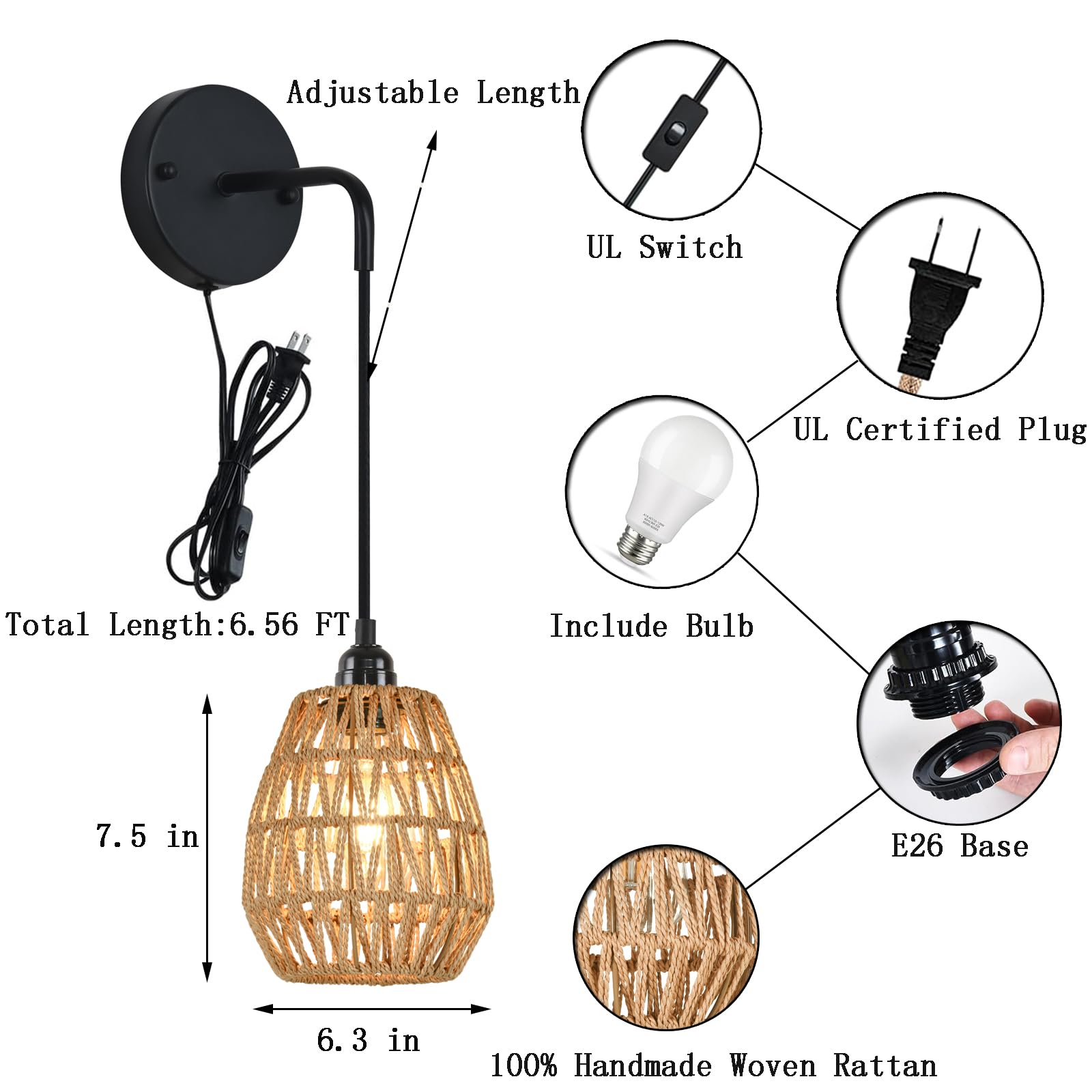 ILLMTW Plug in Wall Sconces Set of Two 2,Wall Light with Plug in Cord Wall Lamp for Bedroom Living Room,Rattan Boho Plug in Hanging Wall Lamp Fixtures Bedside Farmhouse Wicker Bohemian Decor Indoor