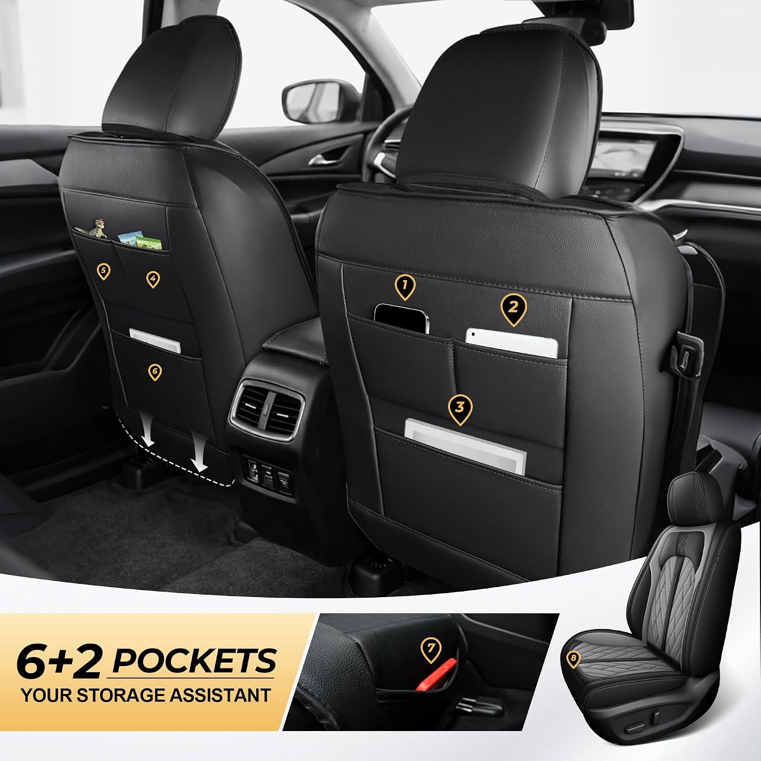 For Hyundai Tucson Seat Covers 2016 2017 2018 2019 2020 2021 Custom Fit for Tucson SE/Value/Limited/SEL/Sport/Ultimate Leather Car Seat Covers Protector Anti-Slip Fast Install (5 Seats Black & Gray)