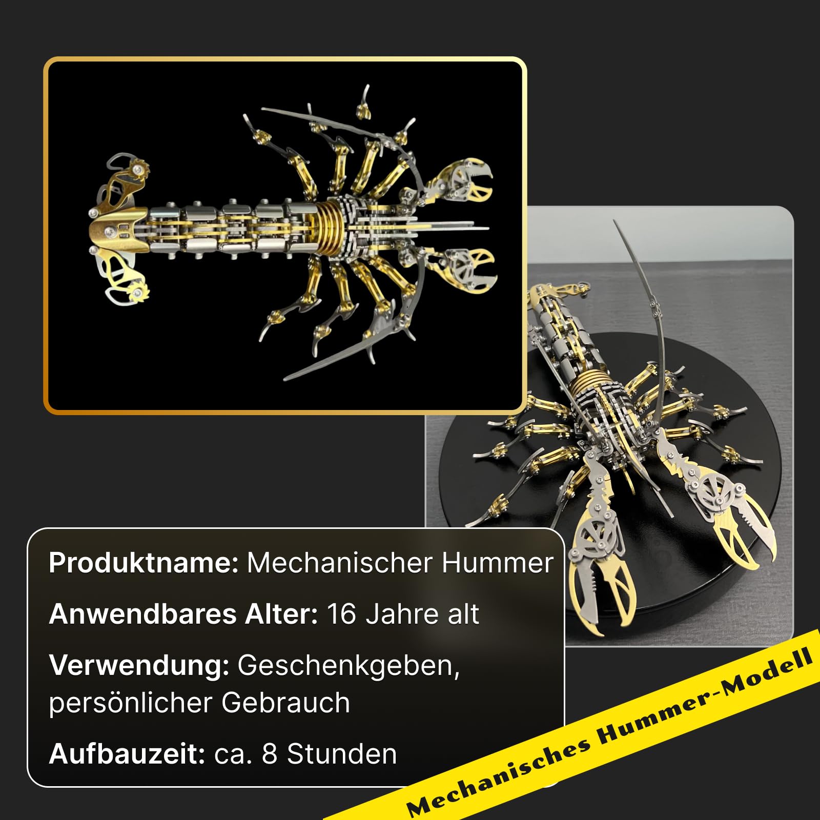 3D Metal Puzzle, 600 Teile Mechanisches Hummer 3D Metall Puzzle Modellbausatz, Edelstahl Mechanische Meereslebewesen Modell, 3D Puzzle Metall DIY Ornament Geschenke für Erwachsene (Gold)
