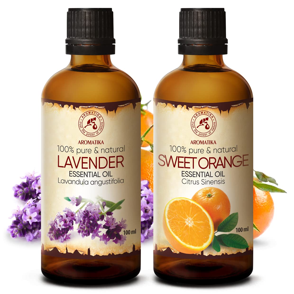 Aceite Esencial Lavanda - Lavandula Angustifolia - Aceite Esencial Naranja 2x100ml - Citrus Sinensis - Puro y Natural - Bueno para Calmar - Refrescar la Habitación - Fragancias para el Hogar