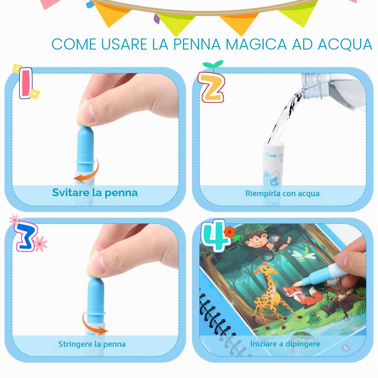 JoyPlus 4 Pezzi Libro di Pittura ad Acqua con 4 Penna Acqua, Libri da Colorare per Bambini, Riutilizzabili Libro Magico ad Acqua da Colorare, Pittura Giocattolo Regalo per Ragazzi Ragazze Bambini