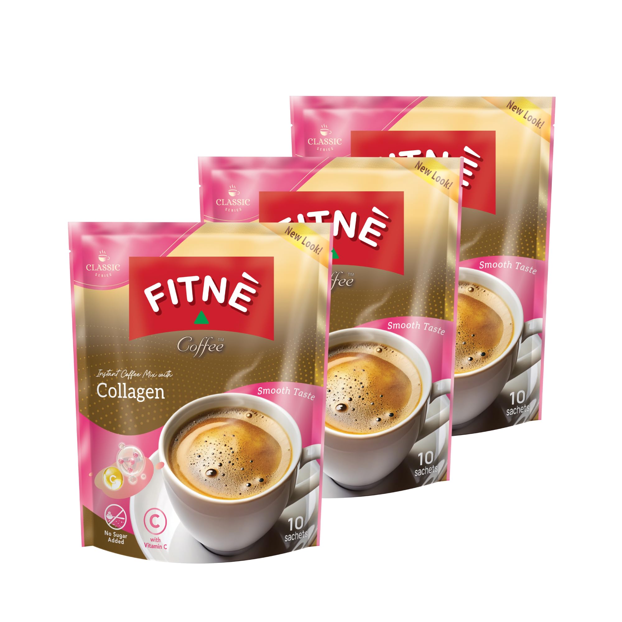 FITNE Instant 3 In 1 Coffee Packets Mix With Natural Hydrolyzed Collagen Vitamin C Smooth Blend Tasty Aromatic No Sugar Sucralose Sweetener, 30 Sachets