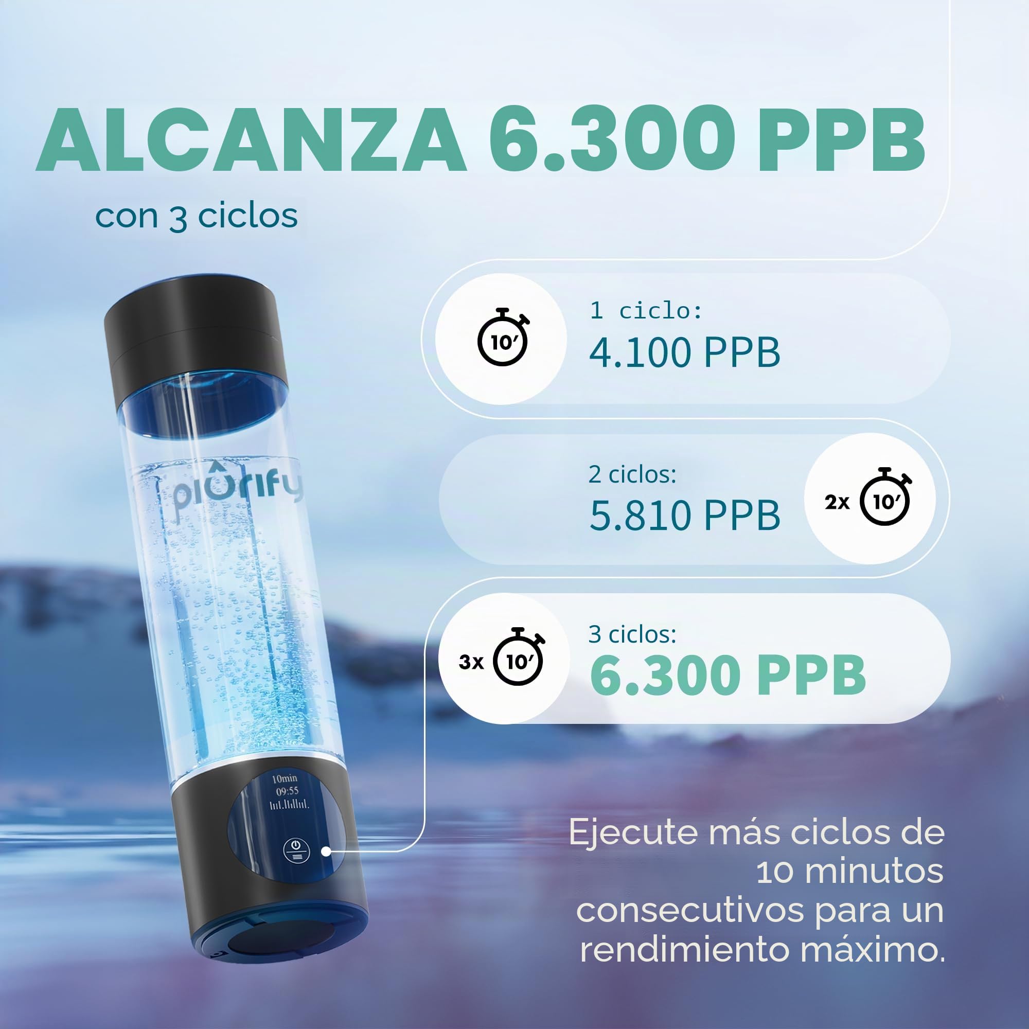 PIURIFY Botella de agua de hidrógeno negro, vaso corporal alimenticio; tecnología Spe/Pem, 3000 ppb de hidrógeno puro.