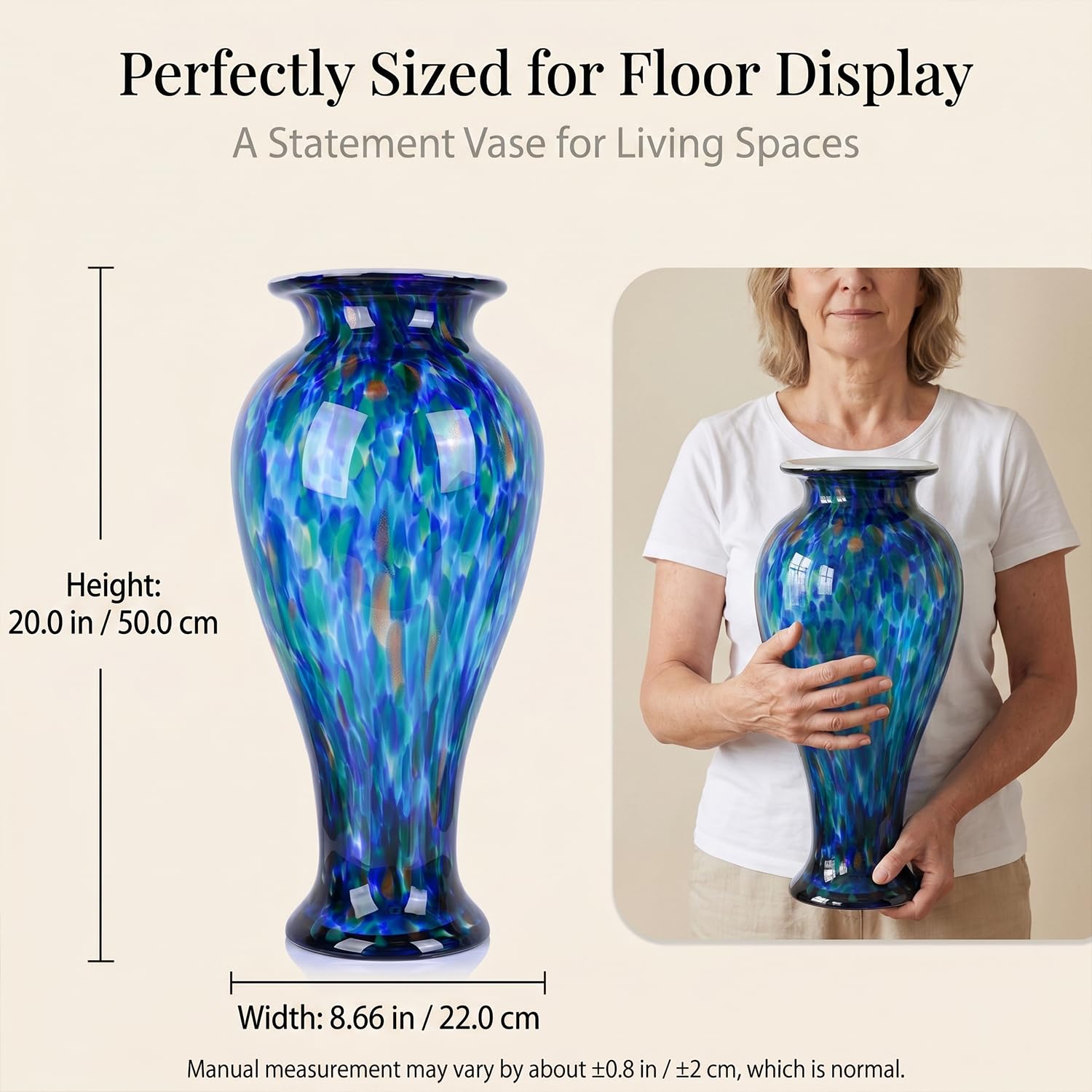 20-calowy wysoki zielony szklany wazon ręcznie dmuchany duży szklany wazon do dekoracji domu, elegancki wazon murano w ciemnym zielonym kolorze, duże wazony do salonu, dekoracja ślubna (Turkusowy)
