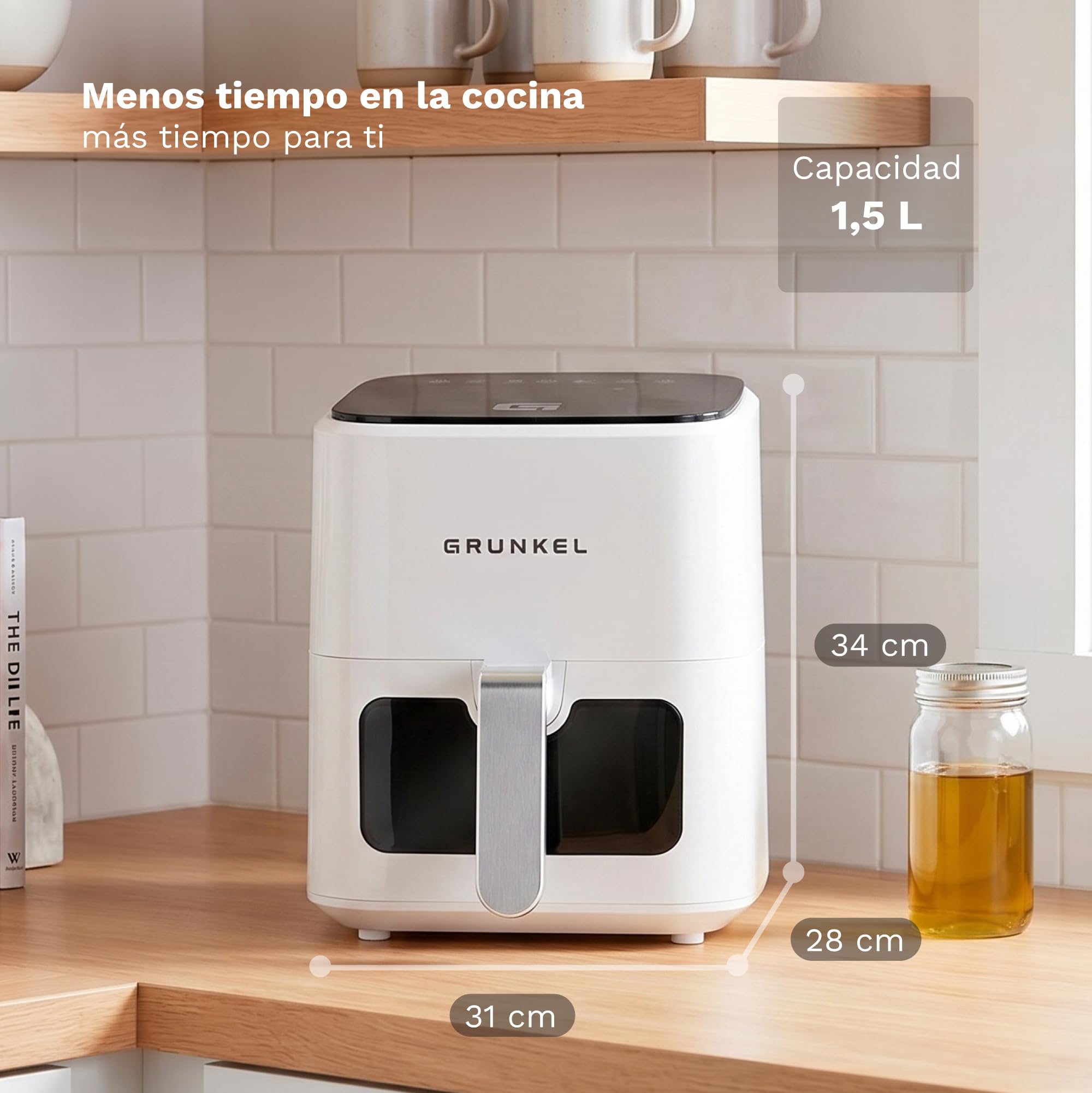 Grunkel - Freidora aire - Air Fryer - 4 Litros y 7 programas. WEF. Panel de control digital Multifunción y ventanal visualización retroiluminada. Temporizador 60 minutos - Freidora sin aceite (Blanco)