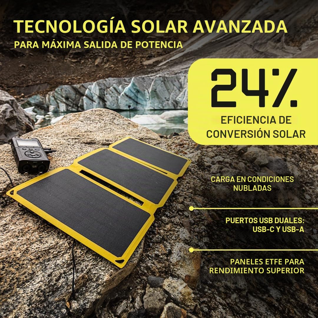 SunJack Cargador de panel solar monocristalino ETFE plegable de 25 vatios IP67 impermeable con USB-C y USB-A para teléfonos celulares, tabletas y portátil para mochileros, camping, senderismo y más | ETFE Monocristalino, USB-C y USB-A, IP67 impermeable, p