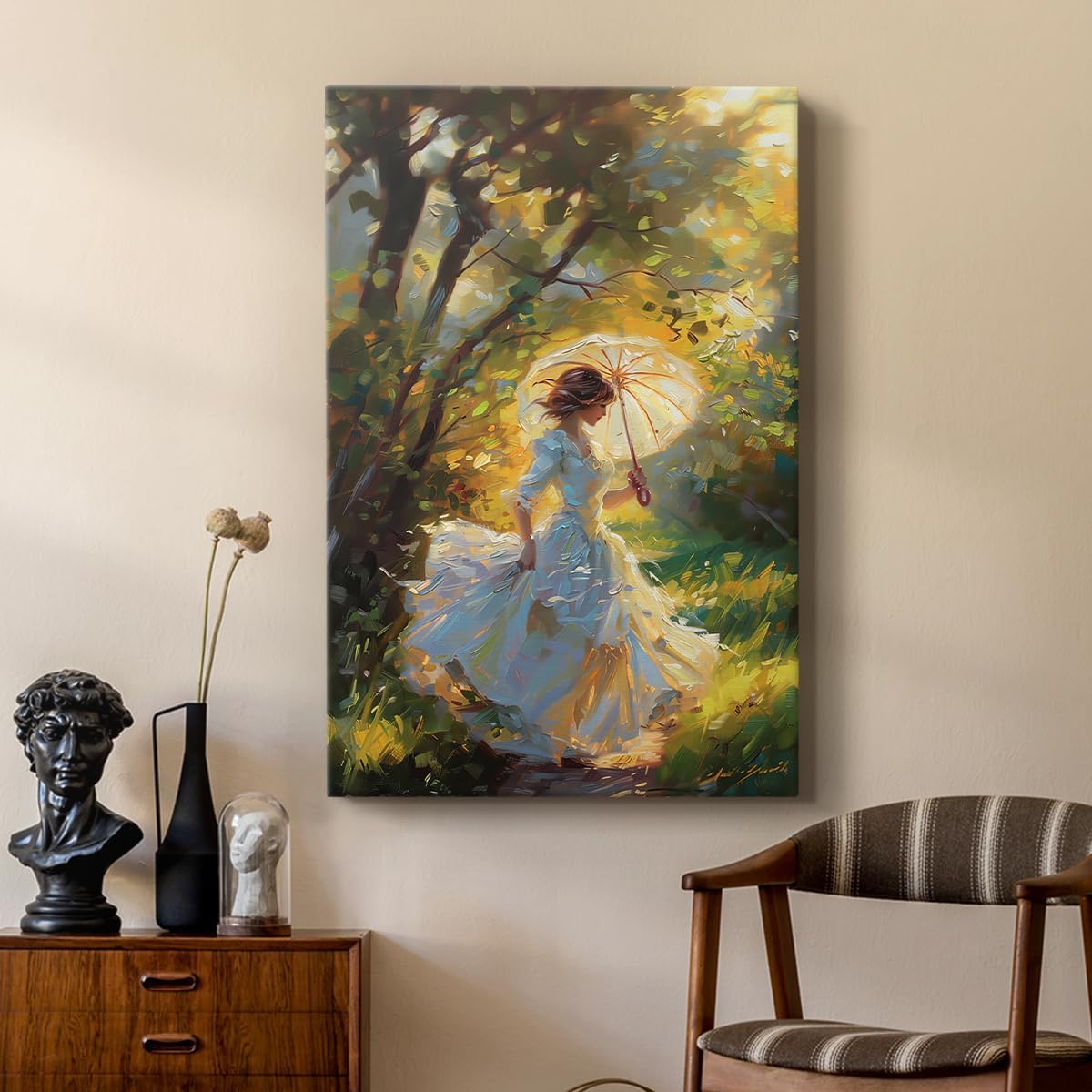 Renditions Gallery Canvas Artwork for Home Decor Elegant Woman Running in Garden Beautiful Parasol Wall Art Paintings for Bedroom Office Office - 12" X 18" LT566
