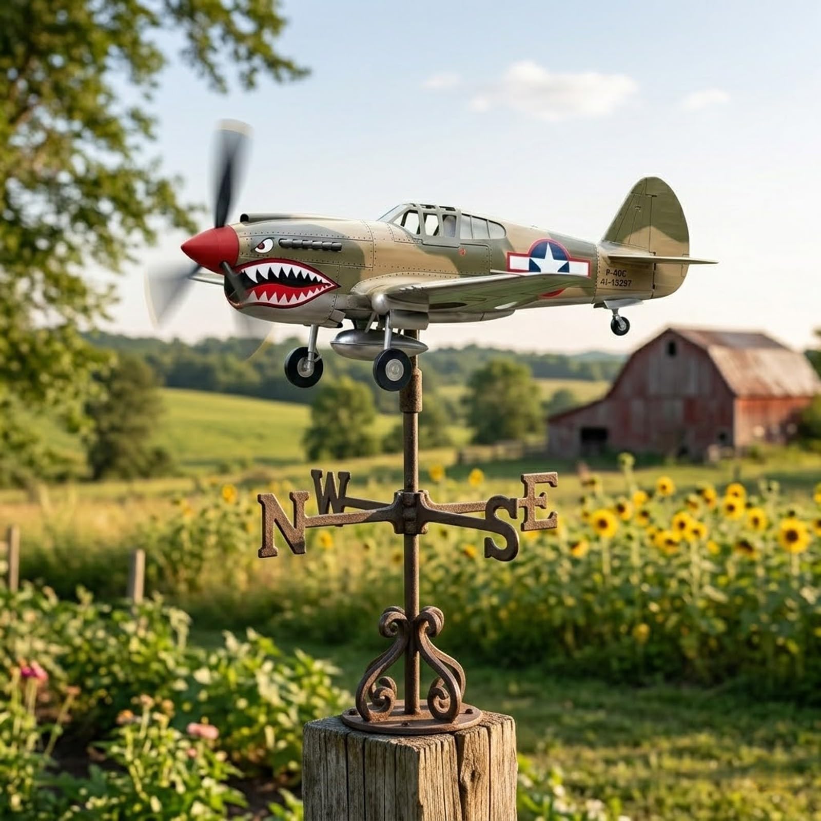 Shark Mouth Warplane, Garden Wind Spinner, Fighter 3D Airplane Wind Spinner with Metal Bracket Weather Resistant Decor for Lawn Garden and Patio, Airplane Windmill for Yard