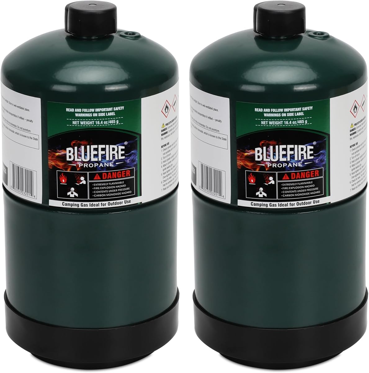 BLUEFIRE Paquete de 2 cilindros de gas propano para camping, recipiente multiusos de 16,4 oz, botella de tanque portátil para cocinar al aire libre, lámpara de antorcha