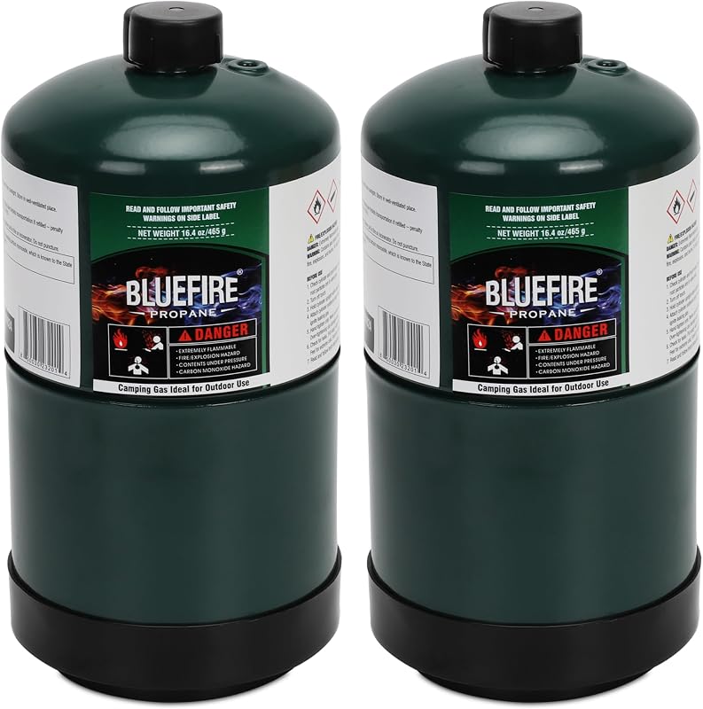 BLUEFIRE(2) Tanque de propano de 16.4 oz y 1 libra, cilindro de gas de repuesto para combustible, paquete de 2 botes portátiles multiusos, mini tanque de gas propano para estufa de camping, mochila al aire libre, quemador, calentador, antorcha de cocina