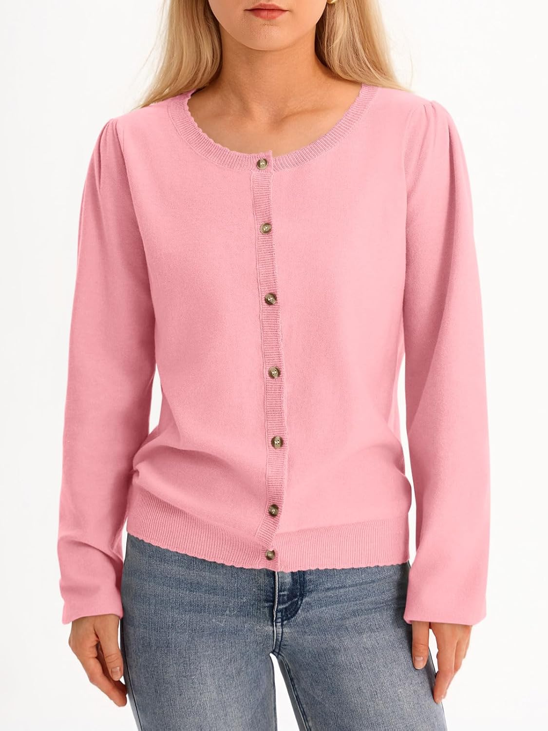 Saodimallsu Womens Puff Long Sleeve Cardigan Sweaters Fall Button Down Lightweight Knit Crew Neck Sweater Shirts - Image 4