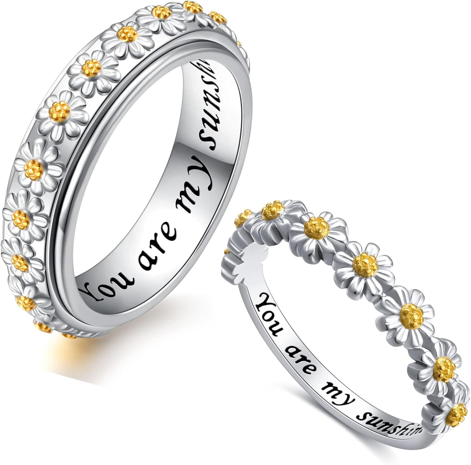 Ladytree Daisy Anxiety Relieve Spinner Rings You Are My Sunshine Flower Fidget Ring Sterling Silver ADHD Stress Relieving Ring for Women