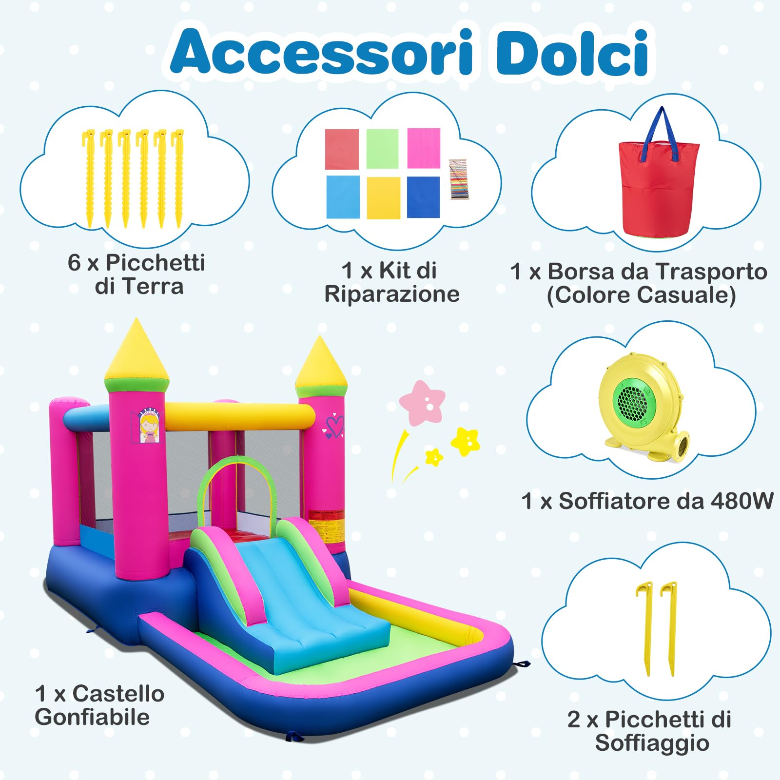 RELAX4LIFE Castello Gonfiabile per Bambini 363x202x205cm | Trampolino e Scivolo in Tessuto Oxford con Piscina, con Sacca, Interno ed Esterno, Senza Soffiatore