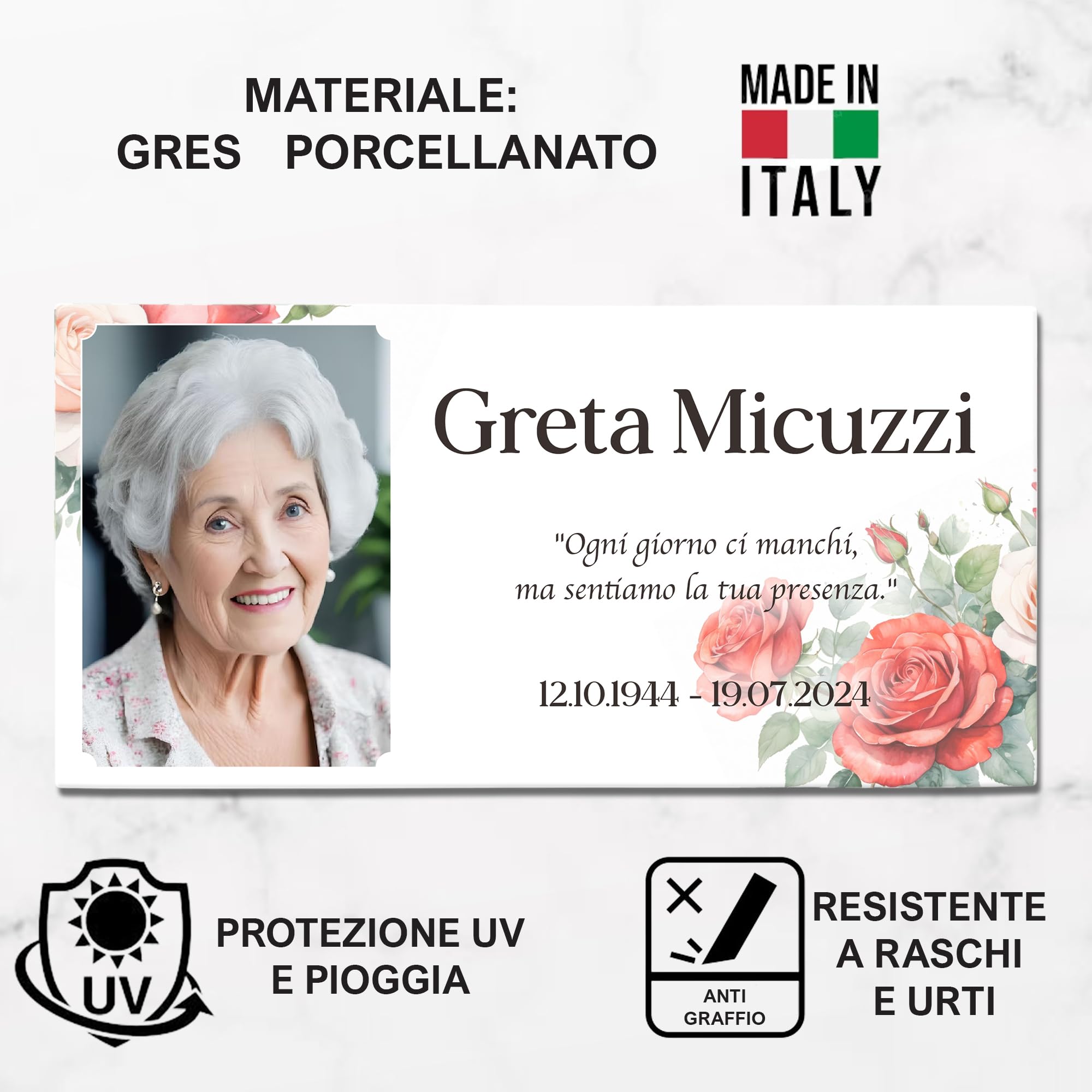 Albalù Targa Commemorativa Modello Rose per Lapide Personalizzata, Foto Ceramica per Targa cimitero, con Foto, Nome, Date e Dedica Personalizzabile