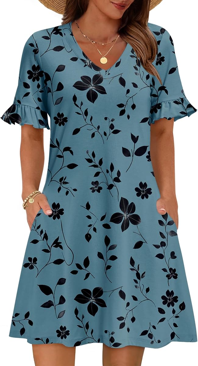 Summer Casual Dresses for Women A Line Sun Dress Ruffle Short Sleeve V Neck Floral Tshirt Dress with Pockets