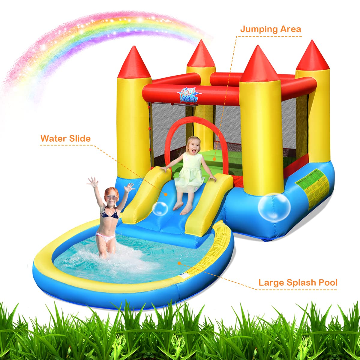FANTASK Hüpfburg Kinder, hüpfburg Innen- und Außenbereich inkl. Rutsche, Sprungbereich & Planschbecken, Bouncy Castle für Kinder, 362 x 196,5 x 193 cm