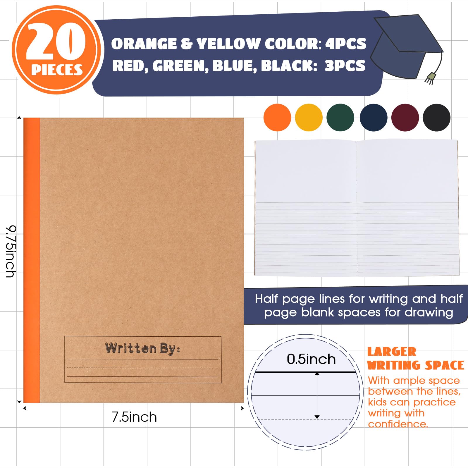 Henoyso 20 quaderni per composizione primaria da 22,9 x 19,5 cm, per bambini, forniture per il ritorno a scuola, quaderno per scrittura primaria K-2 per bambini e studenti, per disegnare e scrivere