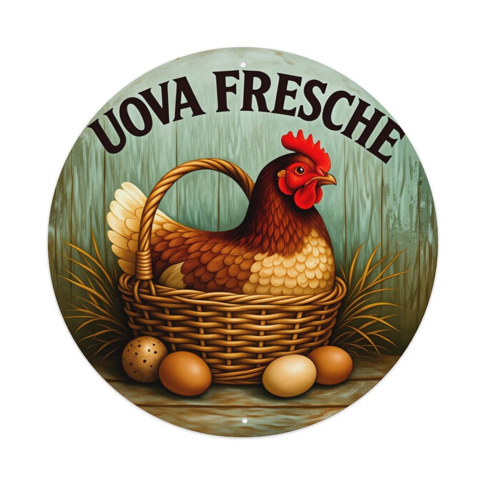Chicken Basket Eggs Fresh Wood Round Tin Sign Retro Metal Sign for Cafe Bar Pub Home Game Room Gym Club Wall Decoration Vintage Metal Poster 8x8 Inch