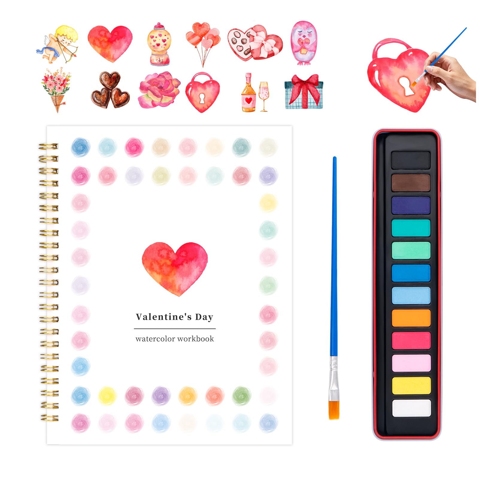 Valentine's Day Watercolor Workbook for Adults, Beginner Friendly Watercolor Painting Kit Pattern Water Coloring Book, Valentines Themed Practice Art Gift Water Color Paint Book with Palette Brush
