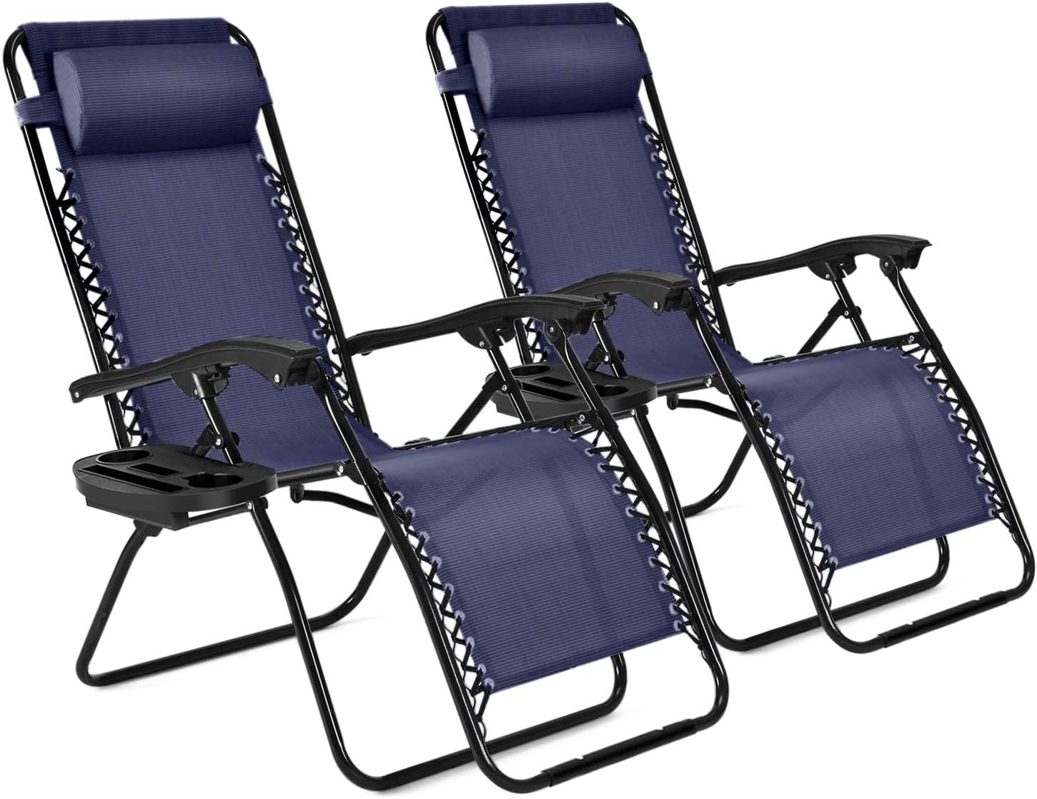 FlexzionZero Gravity Patio Lounge Chairs Recliners Set of 2 Pack (Blue) Reclining Folding Chaise Sun Loungers with Removable Padded Pillow Headrest & Cup Holder Tray, Max Weight 265 Lbs for Outdoor