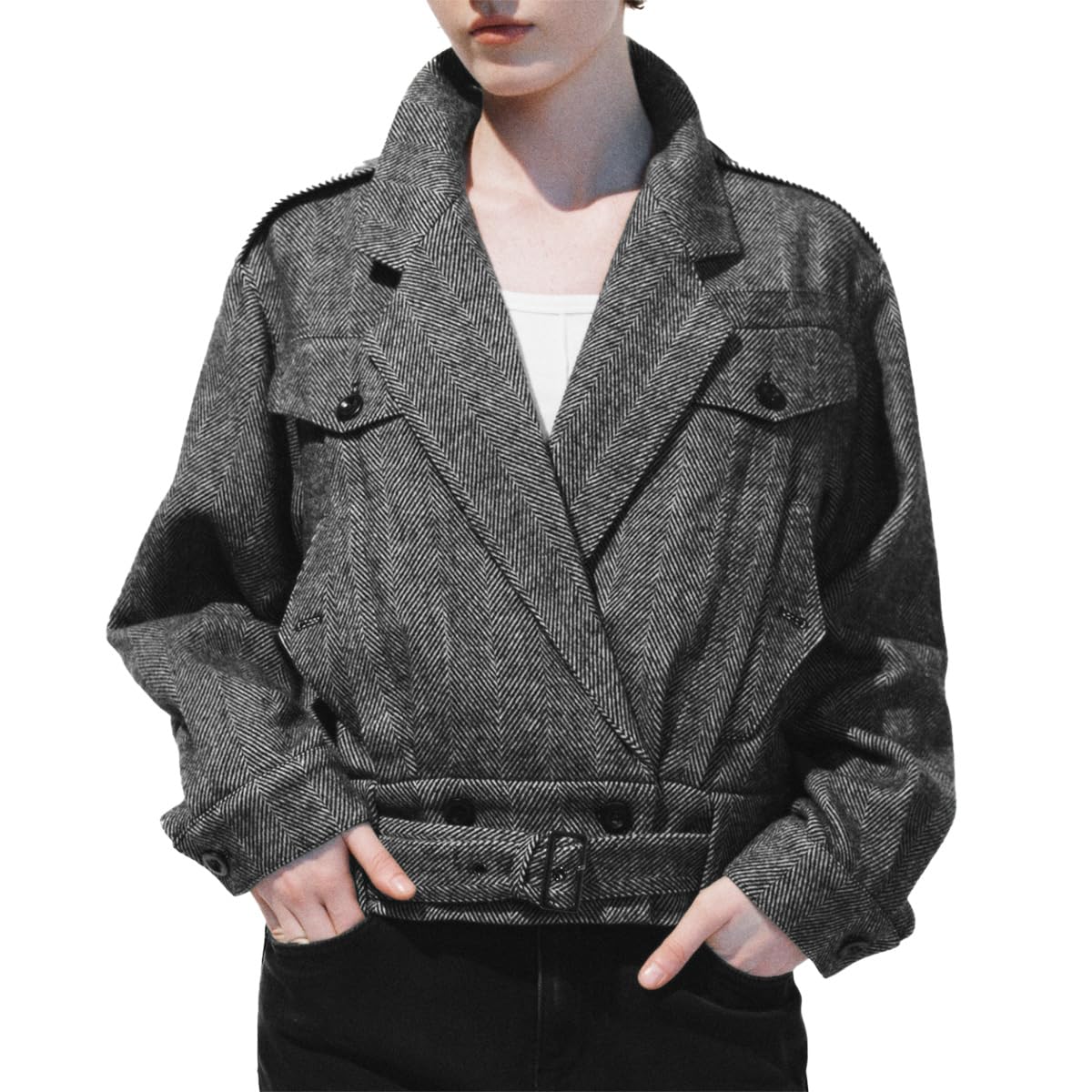 URBAN REVIVO Dark Gray Wool Blazer for Women Pinstripe Notch Lapel Career Jacket Two-Way Collar Wear