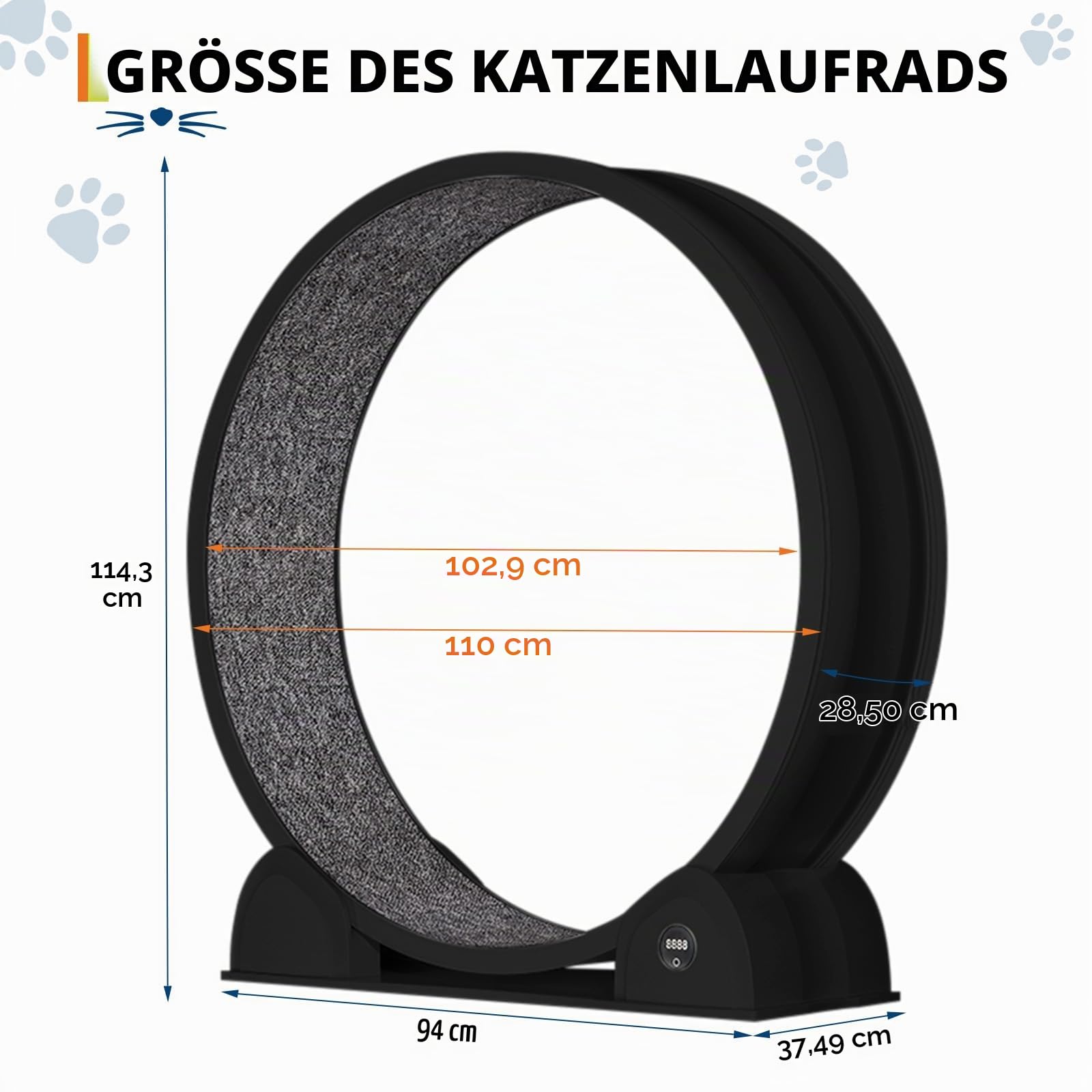 Katzenlaufrad, 114cm Laufrad mit Schrittzähler & Kratzbrett für Indoor-Katze, Super Leise Laufband mit abnehmbarem Teppich, Katzenrad für Kleines Mittel Großes Katze Gewichtsverlust & Gesundheit - Sch