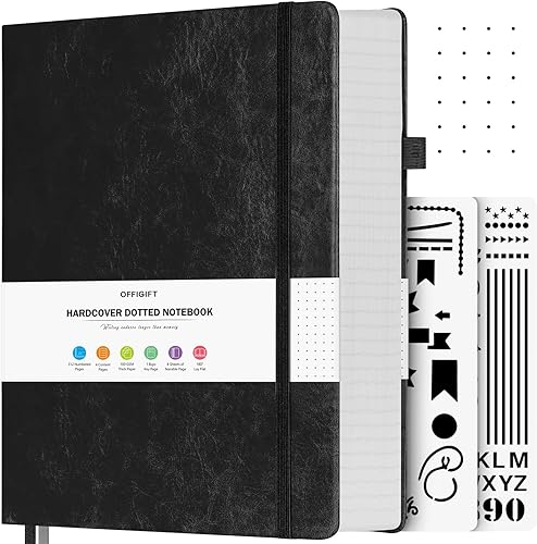 OFFIGIFT Bullet Dotted Journal Notebook, 312 Numbered Pages A5 Hardcover Leather Journal, 100gsm No Bleed Paper Dot Grid Notebook with Index Pages,