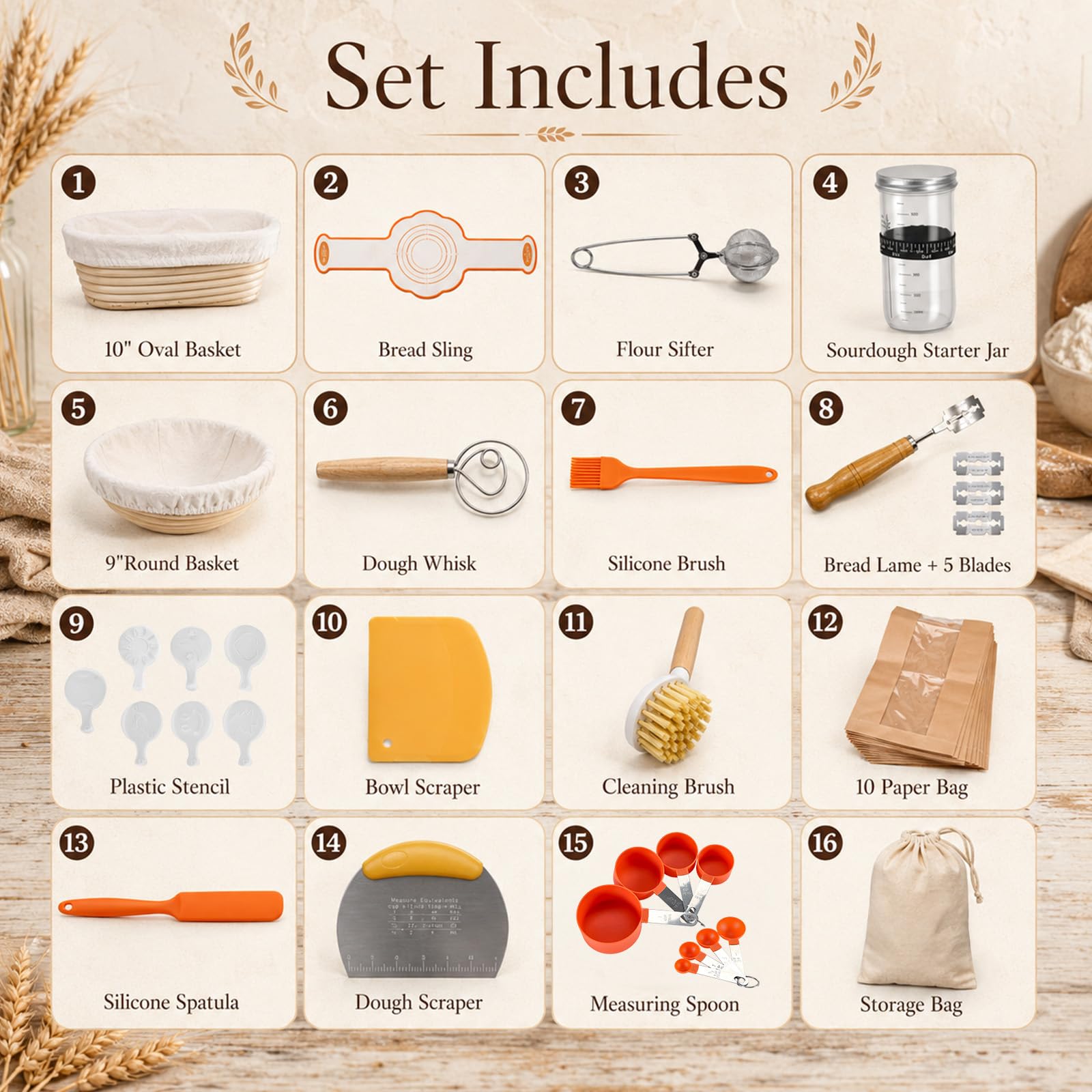 Lot de 16 paniers à fermentation ovales et ronds de 25,4 cm et 22,9 cm avec verre de démarrage, spatule, élingue à pain, moule à pain Banneton, accessoires de pâtisserie pour boulangers amateurs