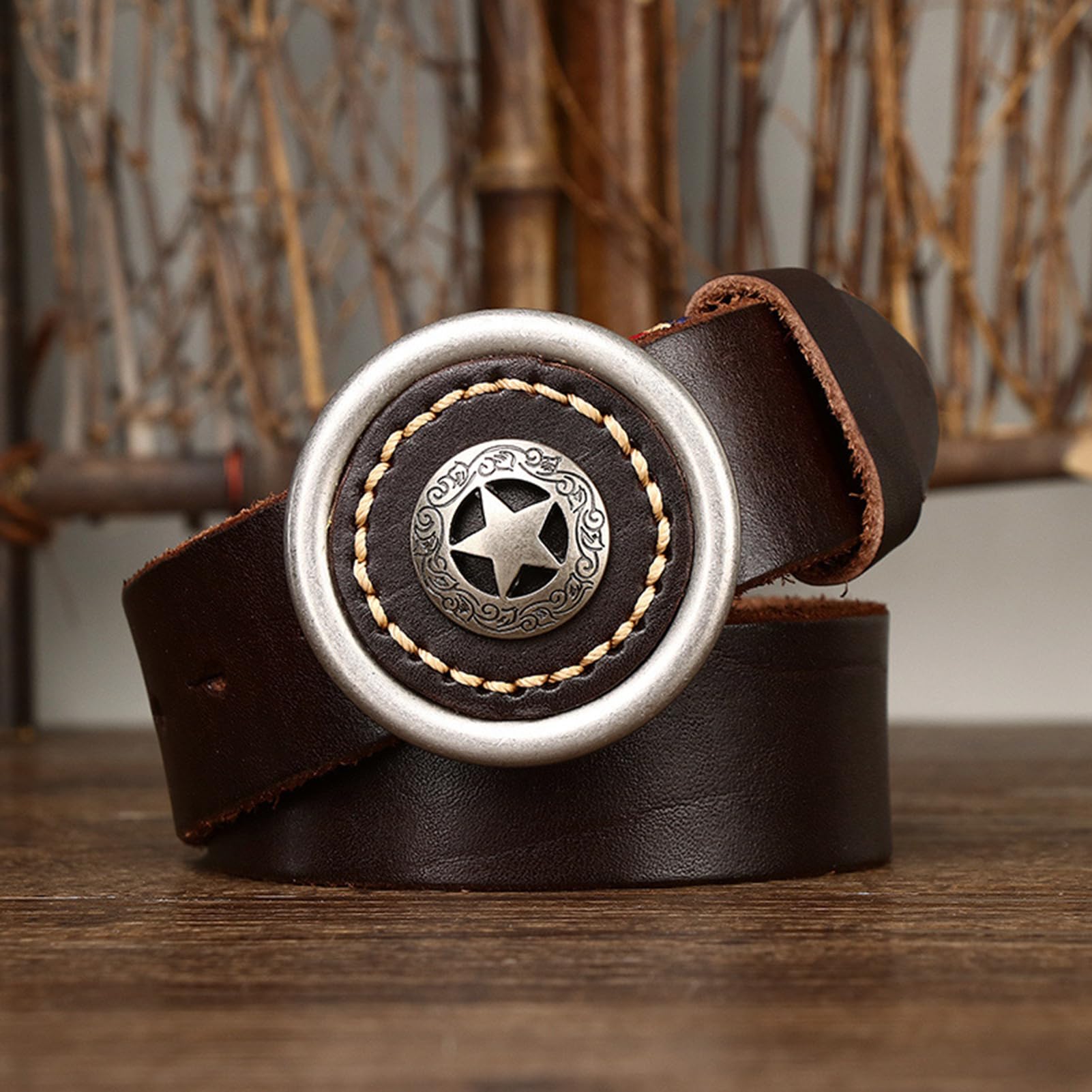 Cintura Western per Uomo/Donna Largo 38 Mm Cowboy Country Cinghia in Vita 5,5 Mm Addensare con Fibbia a Cerchio con Pentagramma Inciso(115cm/45, Coffee)
