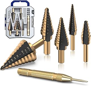 Hss Titanium Step Drill Bit 5pcs,Hss Cobalt Multiple Hole 50 Sizes,Titanium Step Drill Bit Set with Automatic Center Punch,High-Speed Metal Steel Drill Double Cutting Blades Perfect for DIY Hobbyists