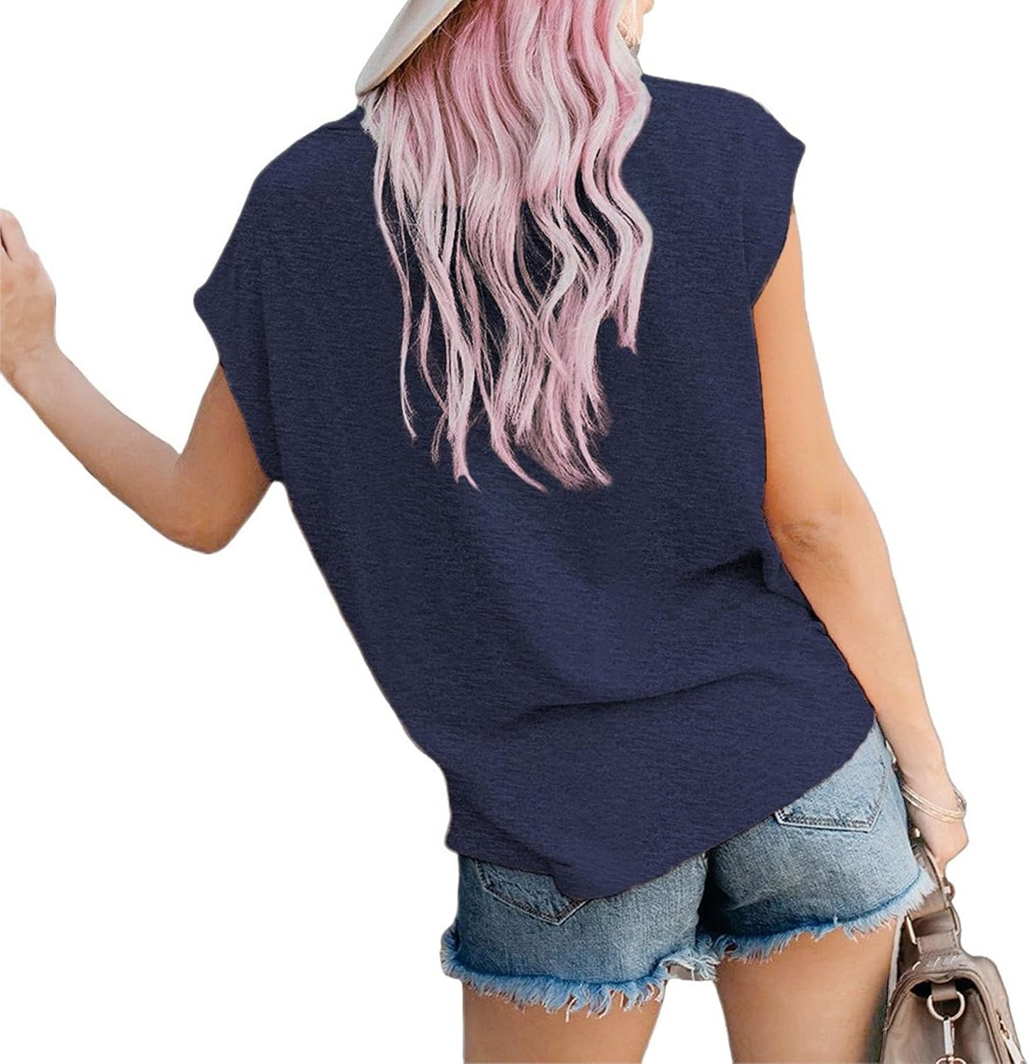 Womens Summer Tops Cap Sleeve T Shirts Casual Crew Neck Pocket Tunic Tops Solid Color Loose Fit Basic Shirt
