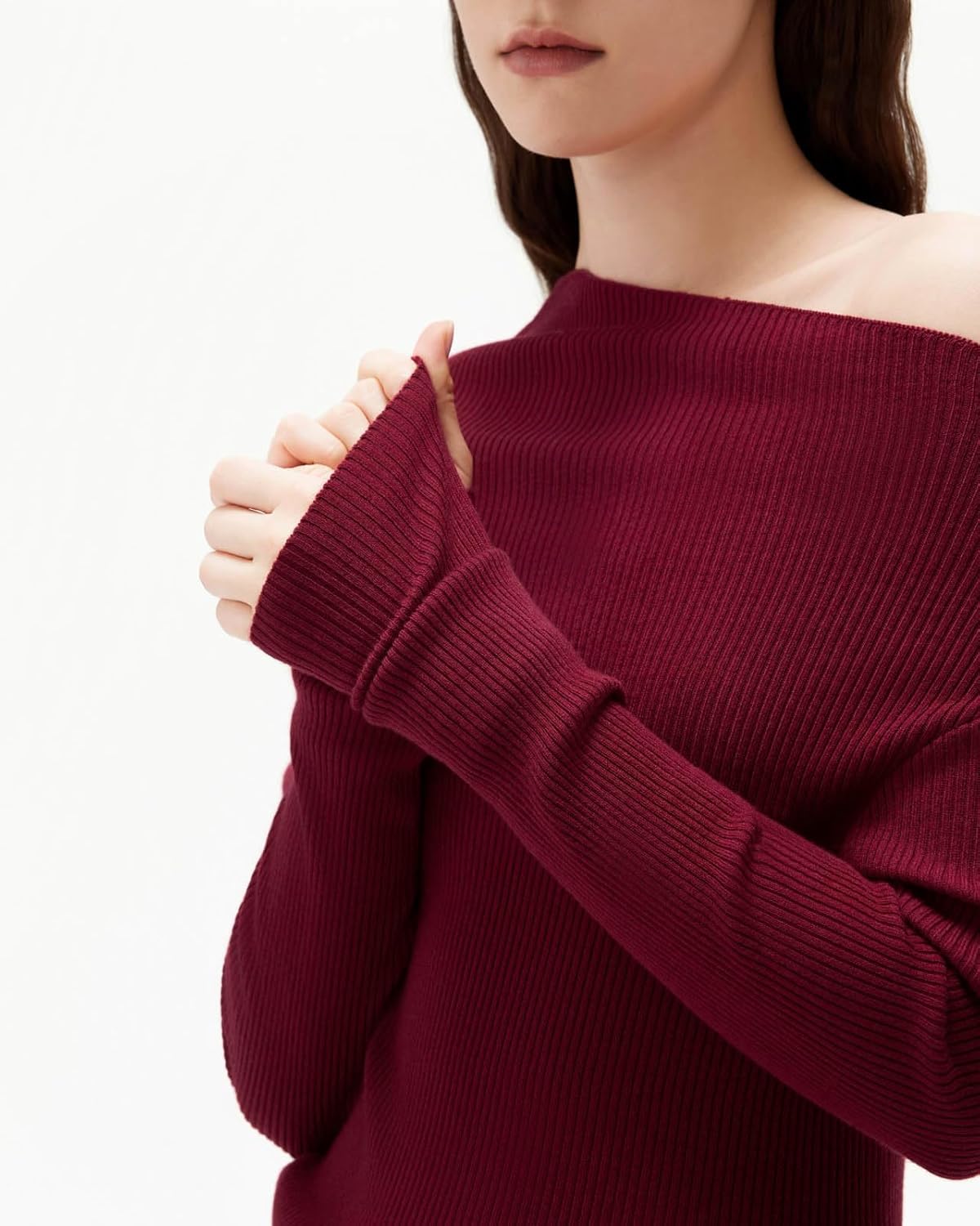 SUUKSESS Women Cashmere Off Shoulder Pullover Sweater Ribbed Knit Long Sleeve Shirts - Image 3
