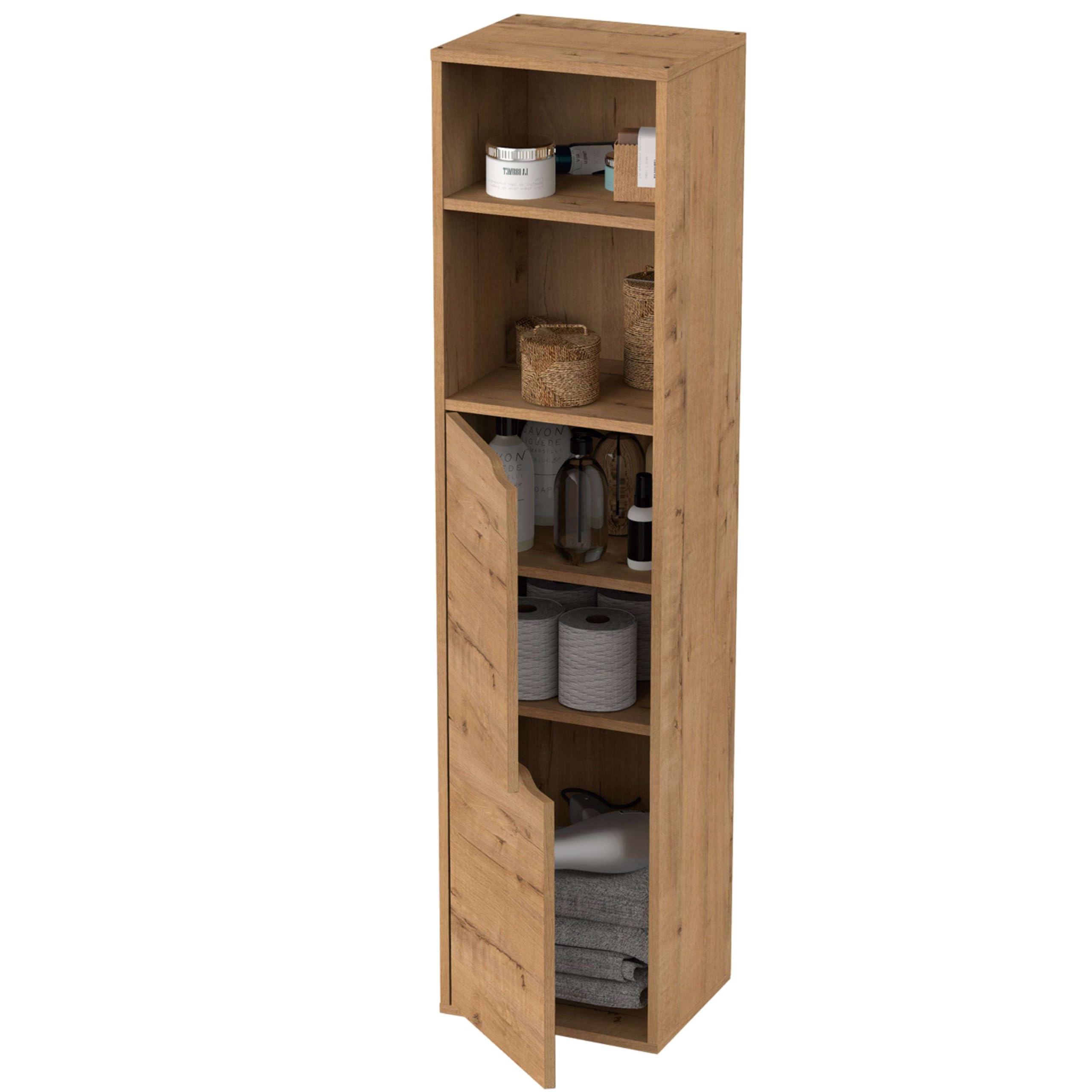 MUEBLES PITARCH | Columna de Baño Colgada Herrajes incluidos, Armario de Baño con 4 estantes, 2 Puertas, Roble Gold, 150x36,5x30cm (Alto x Ancho x Fondo), Mueble Auxiliar, Moderna, Modelo Nadia