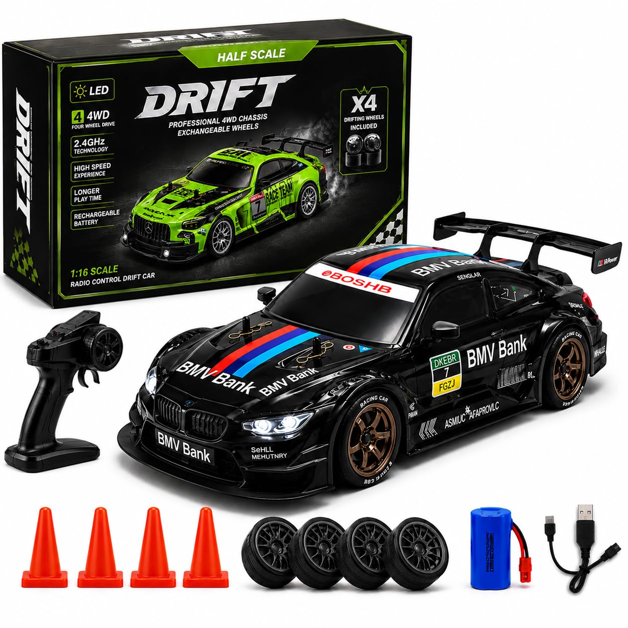 1:16 or 1 16 RC Drift Car, 2.4GHz Remote Control Racing Car, 4WD High Speed with LED Lights, Proportional Steering & Throttle, Extra Drift Wheels for Kids (Black)-image-28