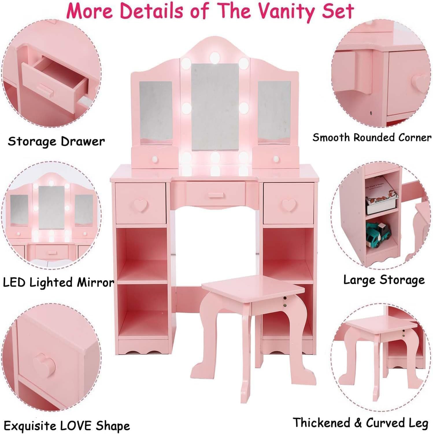 GarveeLife Children's Dressing Table with Stool, 3 LED Mirrors and 5 Drawers, Wooden Dressing Table for Little Girls from 3 to 6 Years - 70 x 34 x 100 cm, Pink