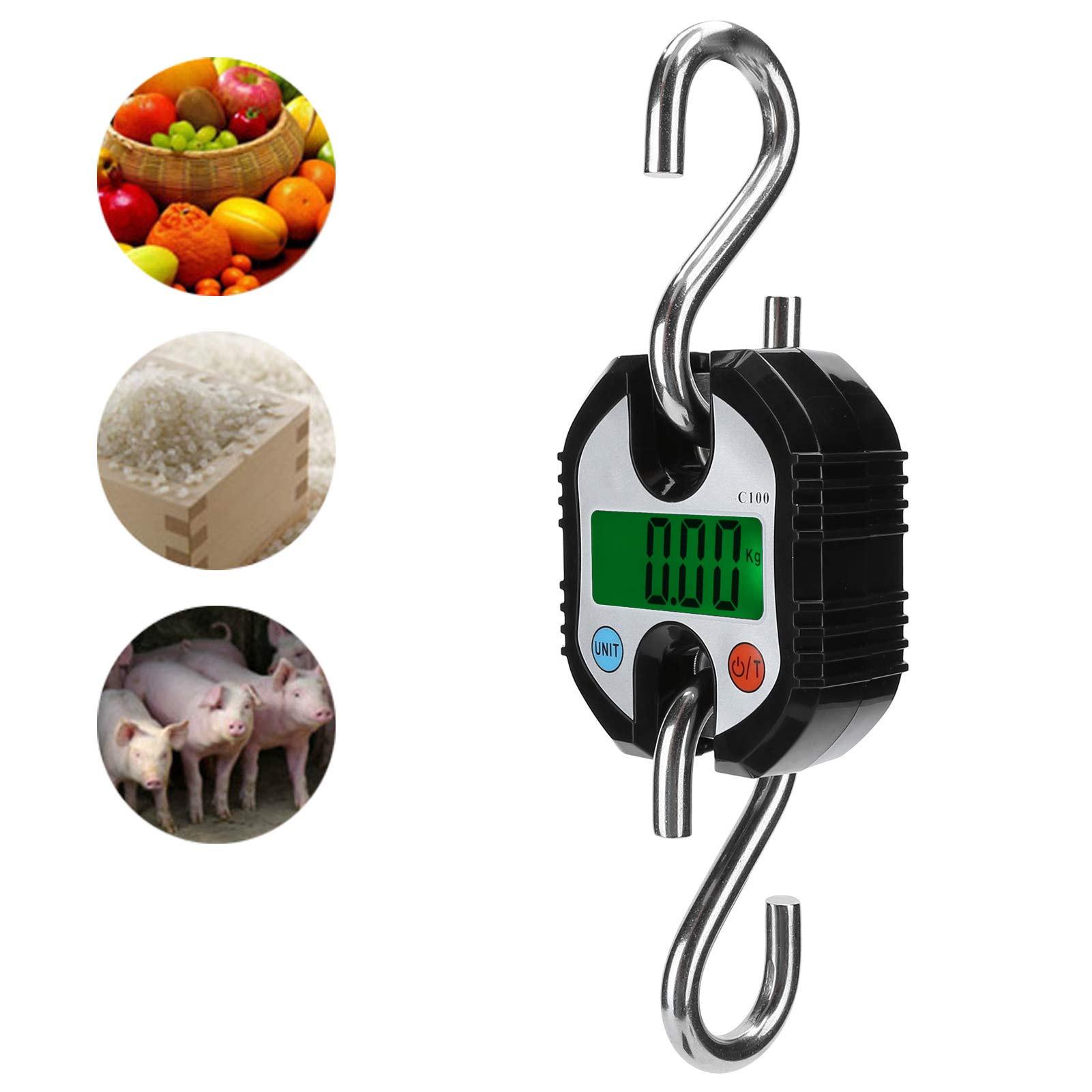 Báscula de grúa digital de 150 kg, peso de gancho colgante electrónico LCD, báscula industrial resistente para equipaje, pesca, acero inoxidable, ABS, negro, 230 mm