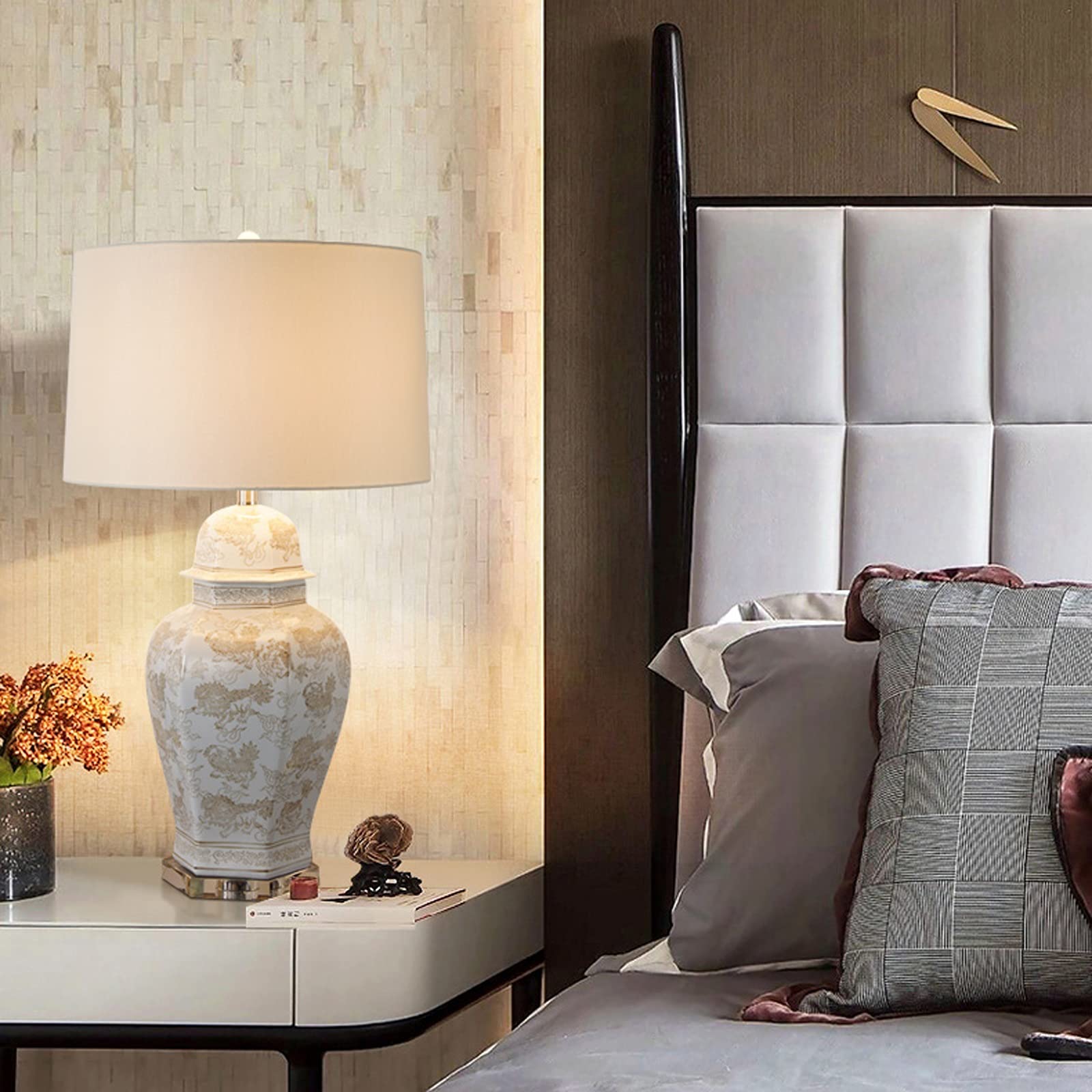 Luce da Scrivania Luce per la Lettura Lampade da tavolo retrò Lampade da comodino in ceramica con paralume in tessuto Lampade da comodino concise for Home Office Cafe Restaurant, 28,7"H Desk Light Lam