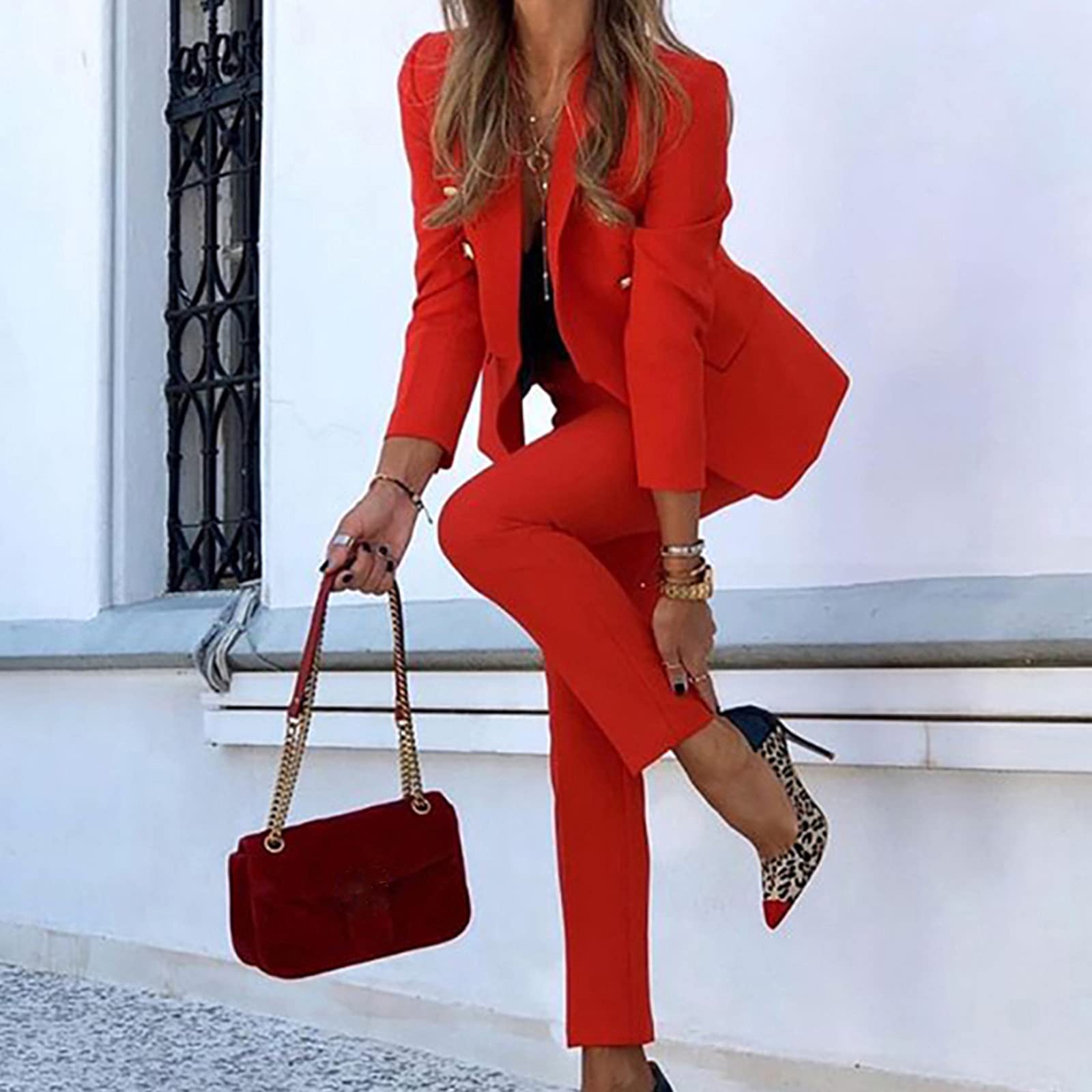 Damen Zweiteiliger Anzug Set Revers Büro Business Formal Blazer Langarm Anzugjacke Hosenanzug Slim Fit Hose 2 Stück