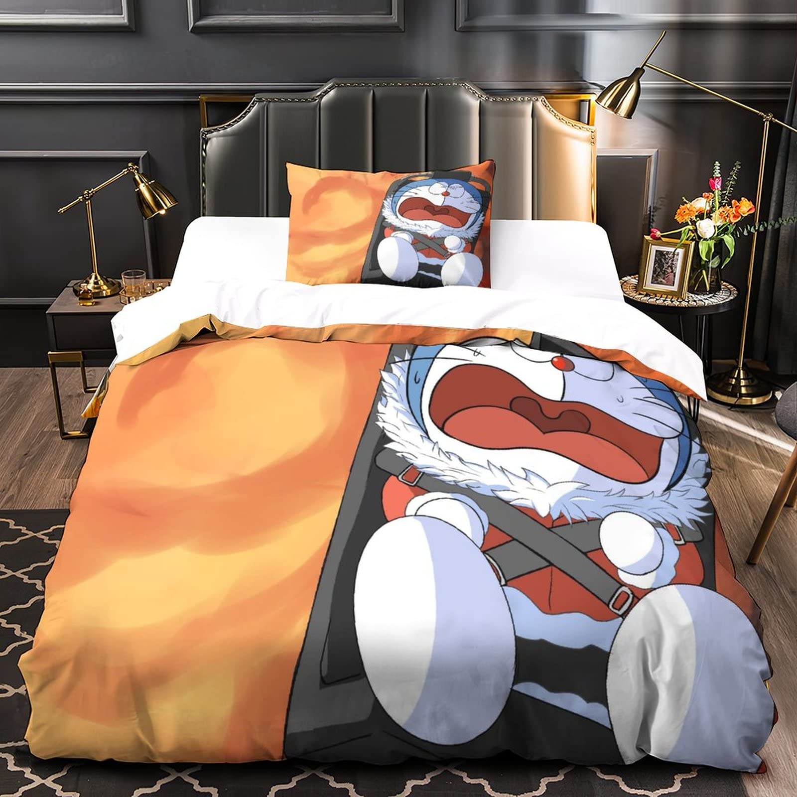 Set Letto Doraemon In Microfibra - Copripiumino 135x200 Cm + Federa 48x75 Cm, Stampa 3D, Morbido, Traspirante