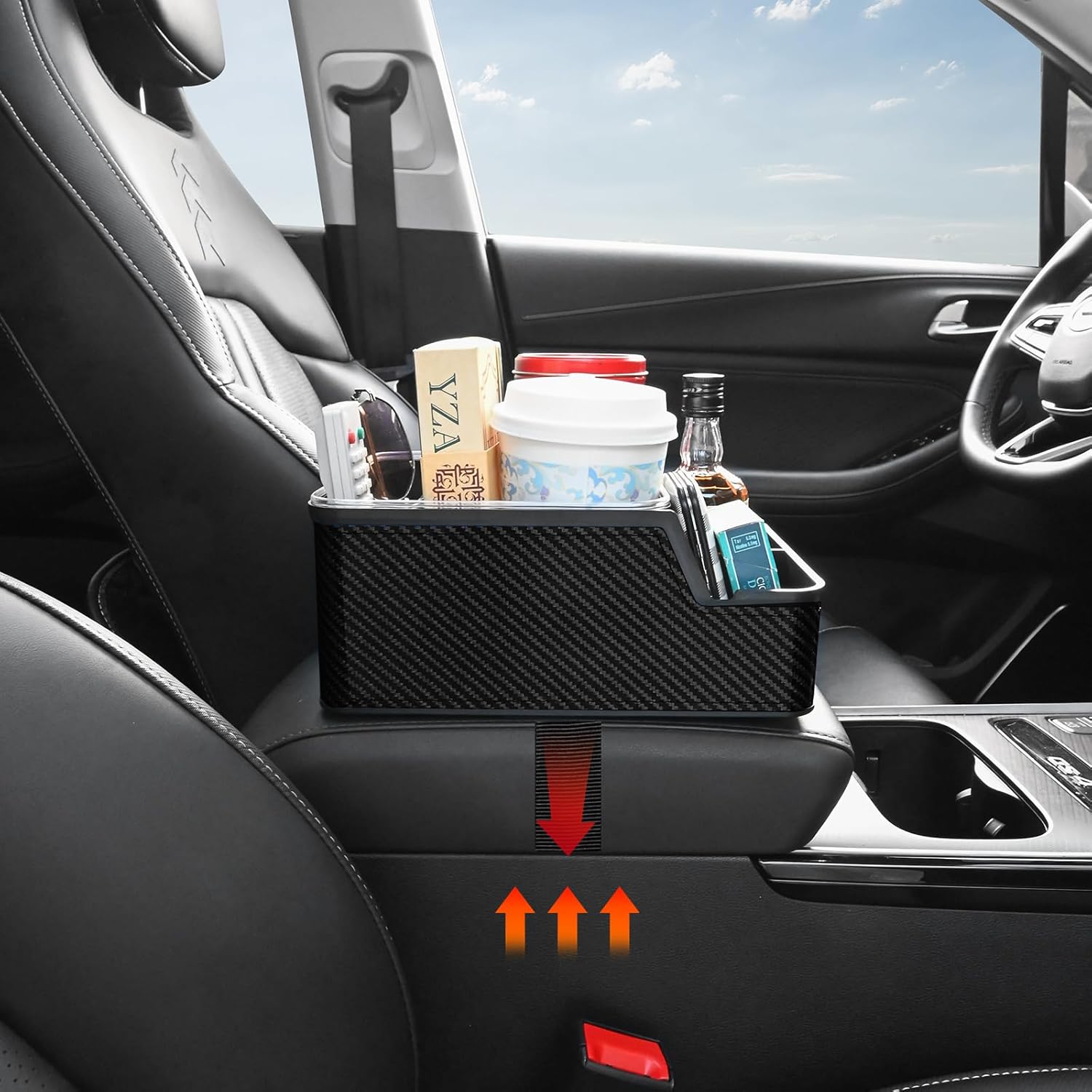 Car Front Seat Organizer with Compartment,Center Console Organizer,Car Armrest Storage Box,Back Seat Cup Holder Tray,Between Seat Small Caddy with Phone Holder for Truck,SUV,Van (Black)