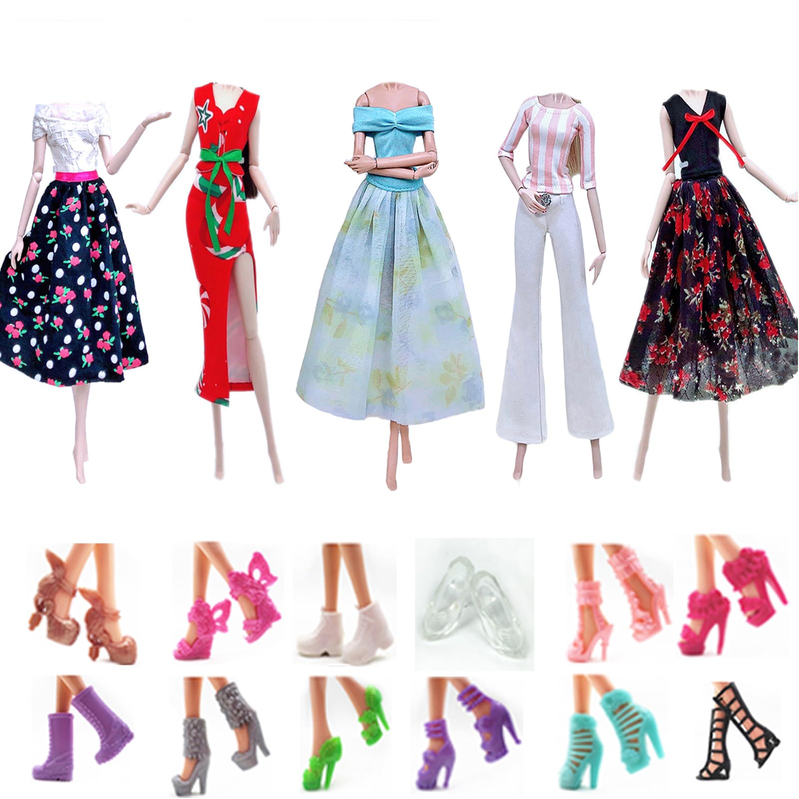 Fashion Doll Clothes Dress and Accessories 5 Sets Doll Dress Outfits + 12 Pairs Random Style Shoes for 11.5" Girl Dolls (Style F)
