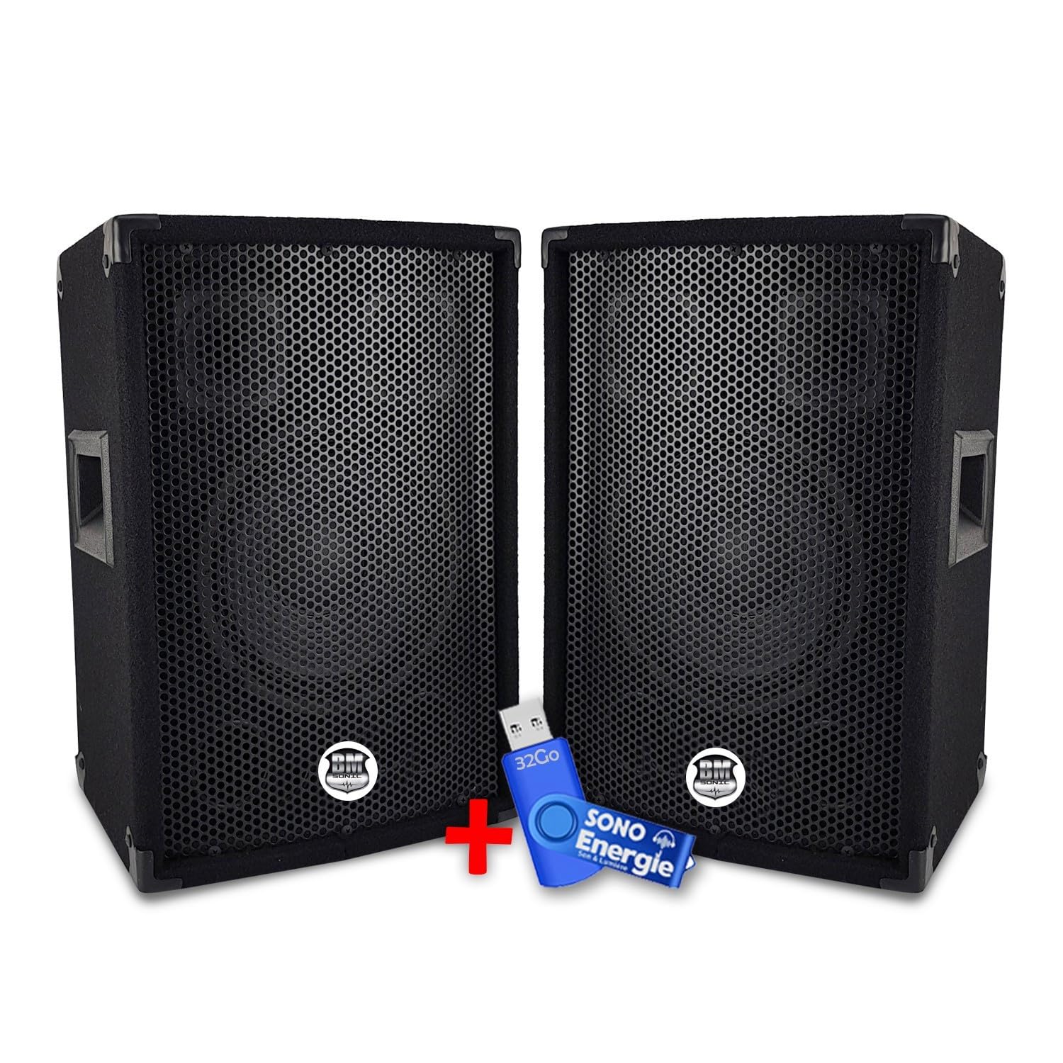 Paire d'enceintes Sono Bass Reflex Trapézoïdal à 3 Voies 8"/20cm - 2 x 300W - BM Bmsonic BMS-08+Clé 32G