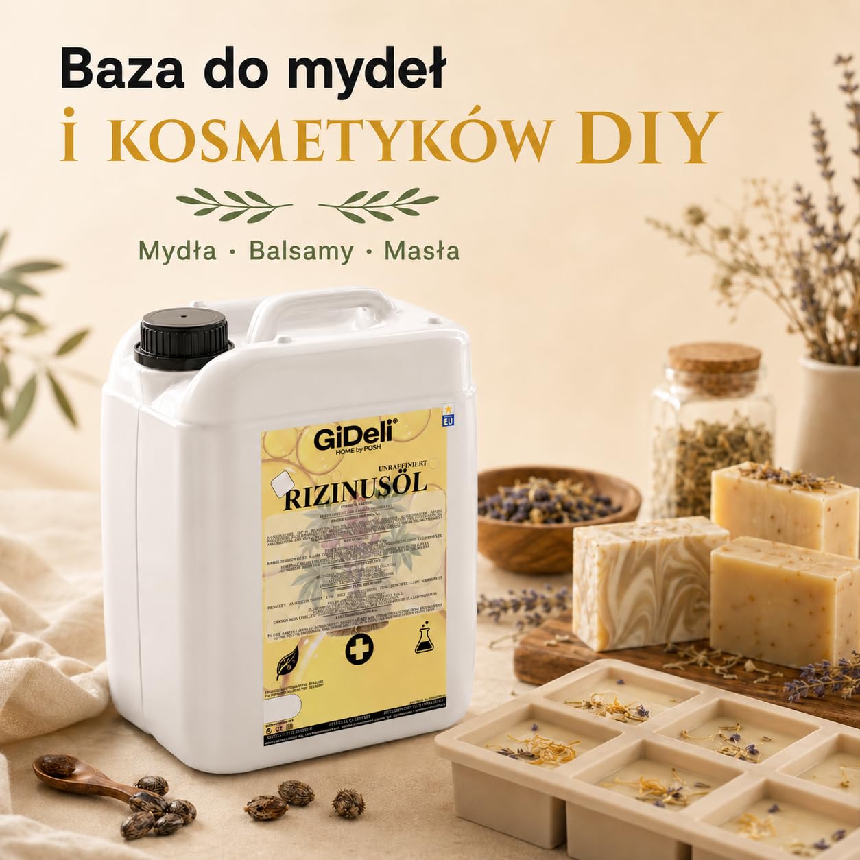 GiDeli Olej rycynowy tłoczony na zimno 10 l – czysty olej rycynowy w Ph. Eur. Jakość do włosów, rzęs i skóry – nierafinowany olejek pielęgnacyjny jako baza do kosmetyków naturalnych DIY – nie zawiera