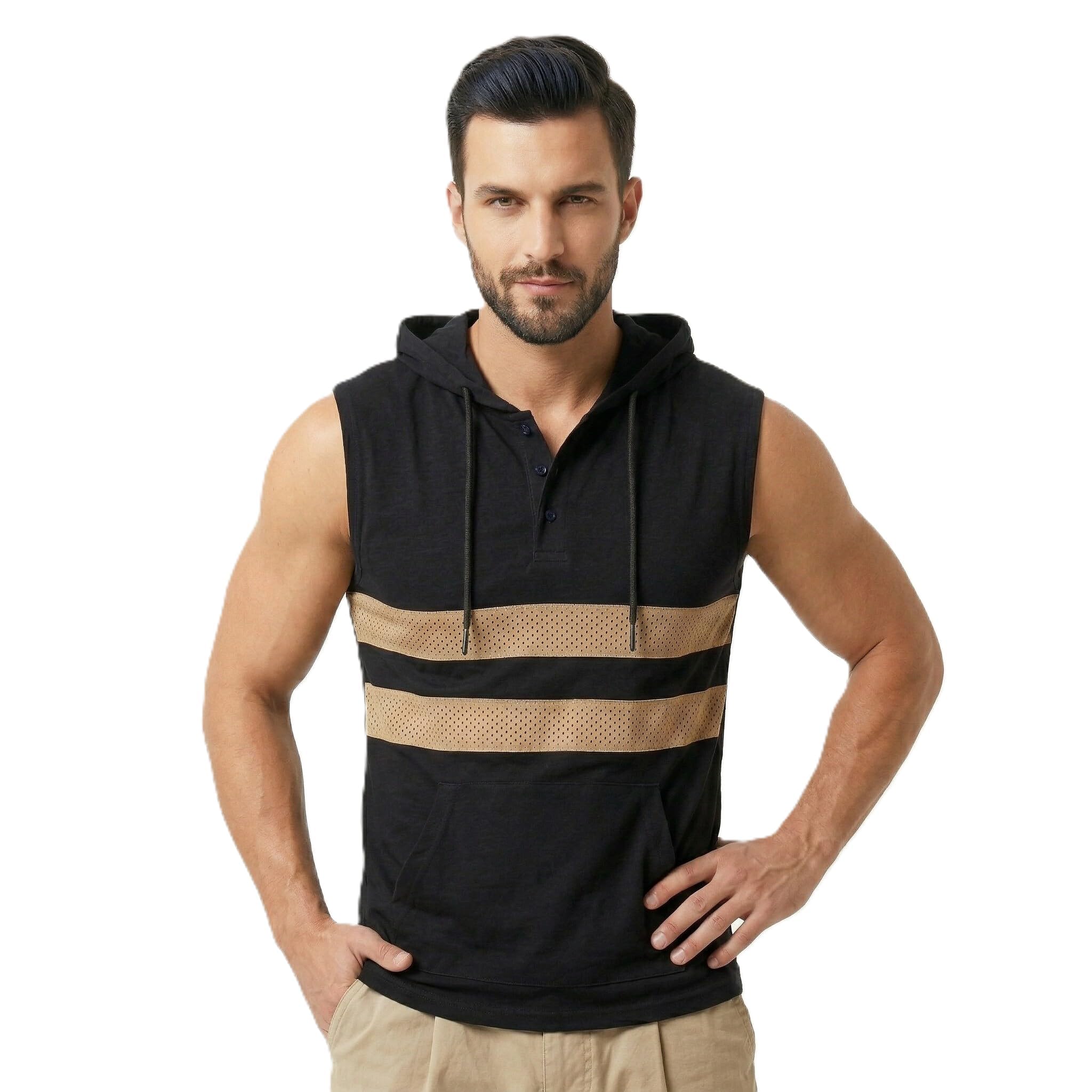 men stylish hooded sleevelss black striped cotton vest-image-20