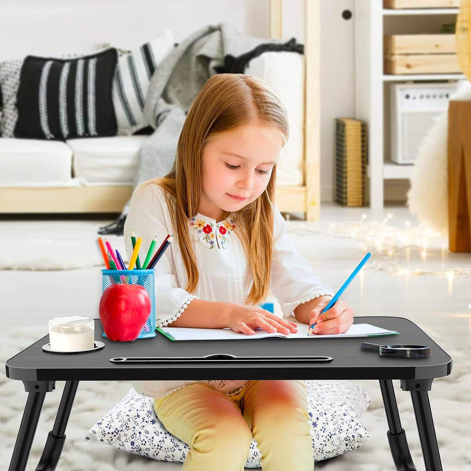 Wintem - Tavolino da Letto Pieghevole Nero 60x40 cm con Porta Bicchiere e Supporto Tablet | Tavolino Salvaspazio per Colazione, Studio o Relax su Letto o Divano
